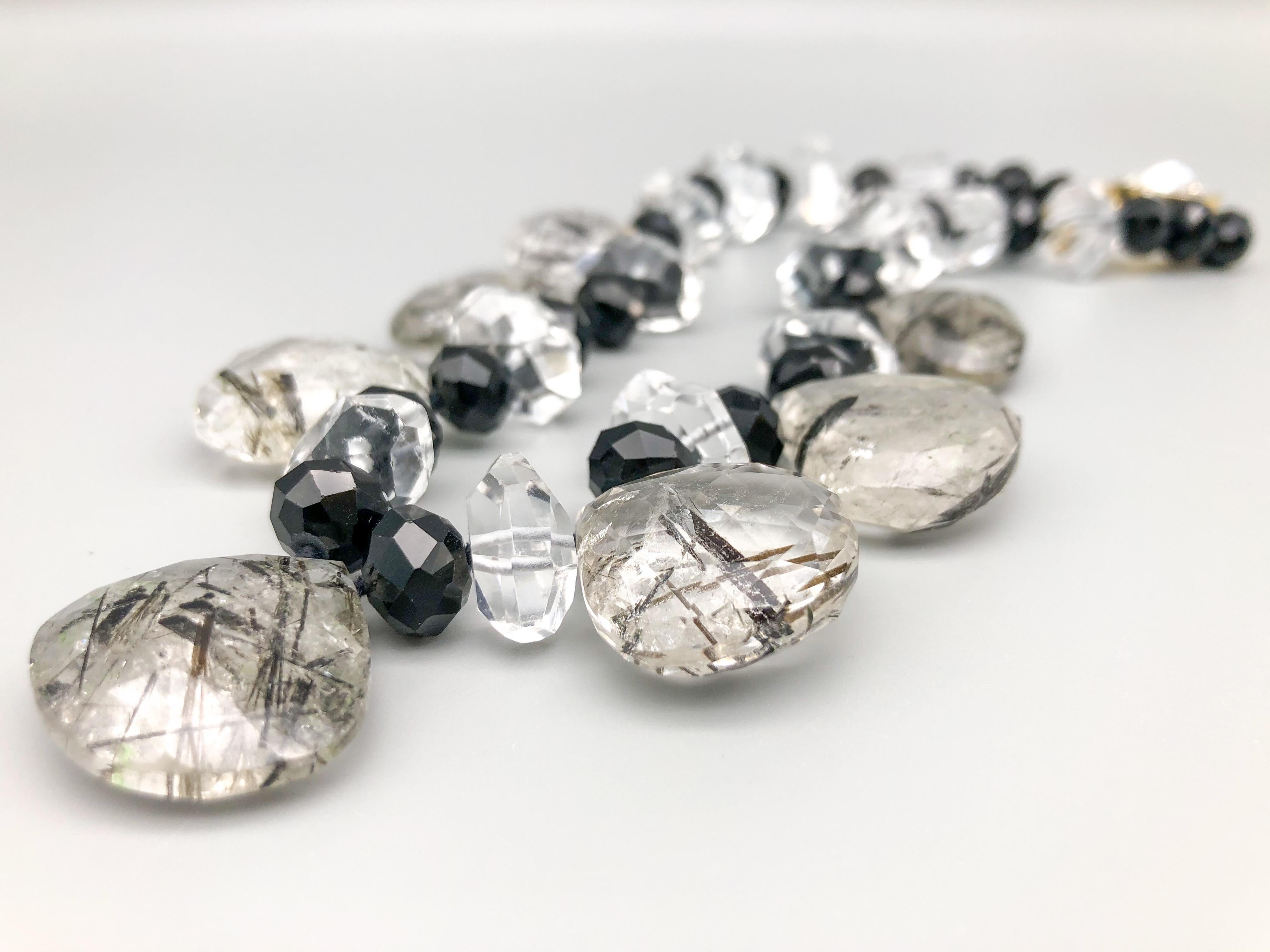 Women's A.Jeschel Black cut Onyx beads and teardrop rutilated Quartz Necklace For Sale