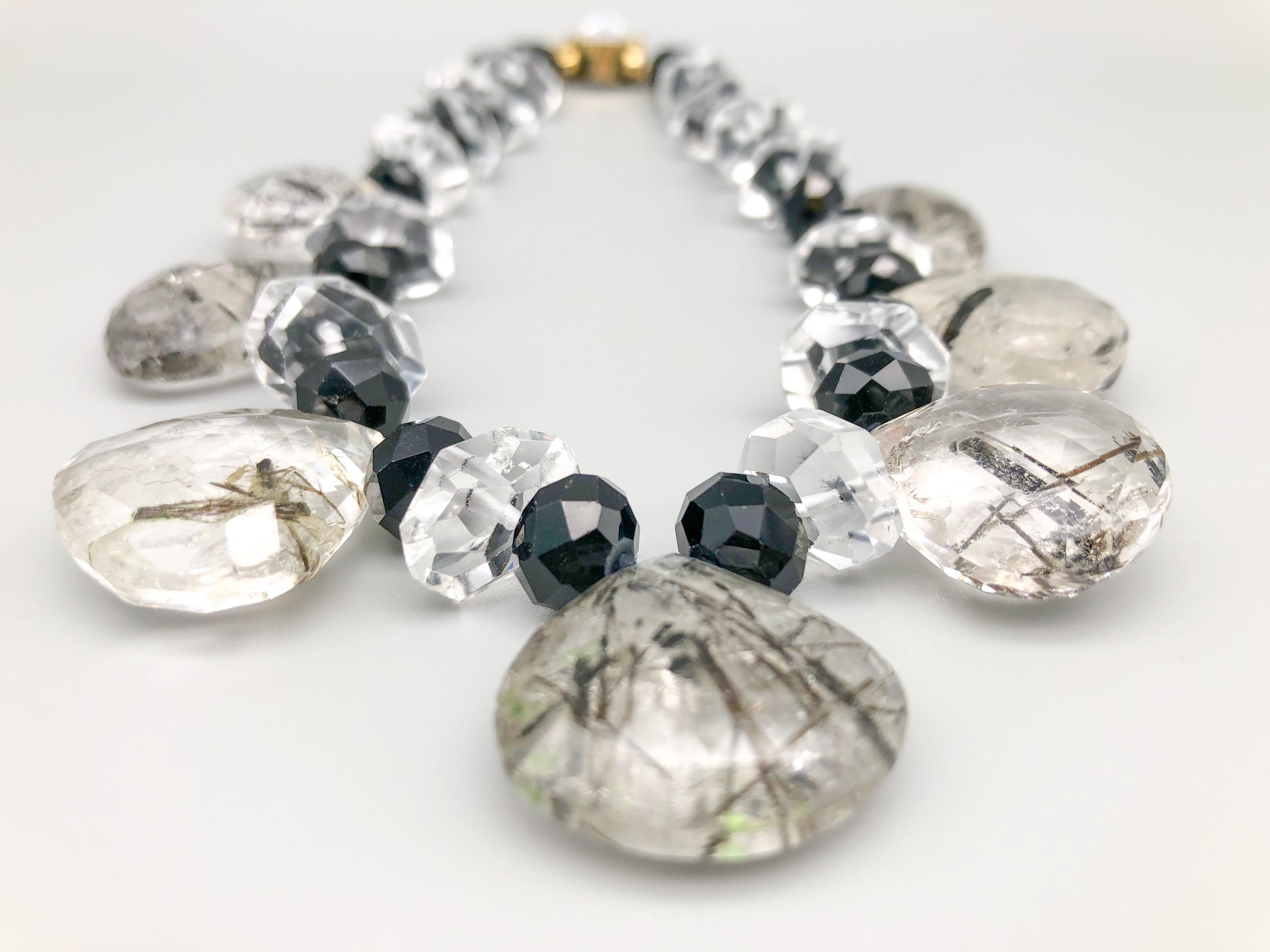 A.Jeschel Black cut Onyx beads and teardrop rutilated Quartz Necklace For Sale 1