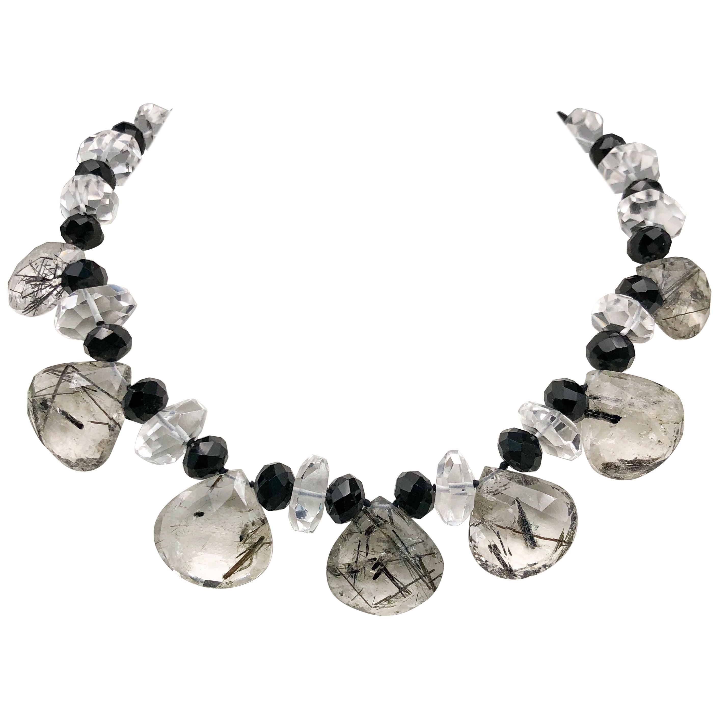 A.Jeschel Black cut Onyx beads and teardrop rutilated Quartz Necklace For Sale