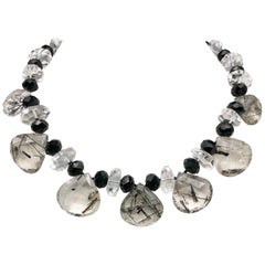 A.Jeschel Black cut Onyx beads and teardrop rutilated Quartz Necklace