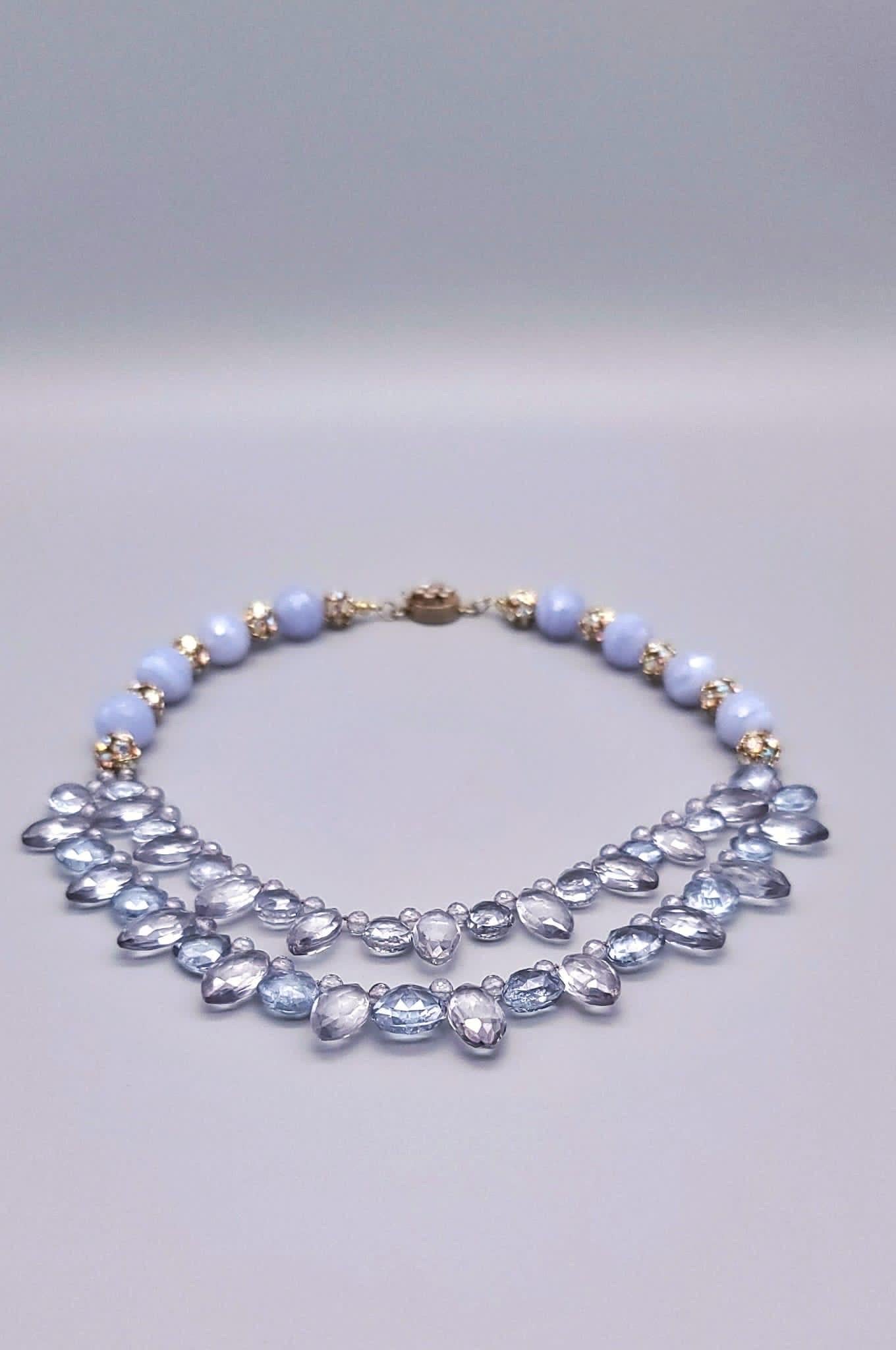 Mixed Cut A.Jeschel Blue Quartz and Blue lace Agate Necklace. For Sale