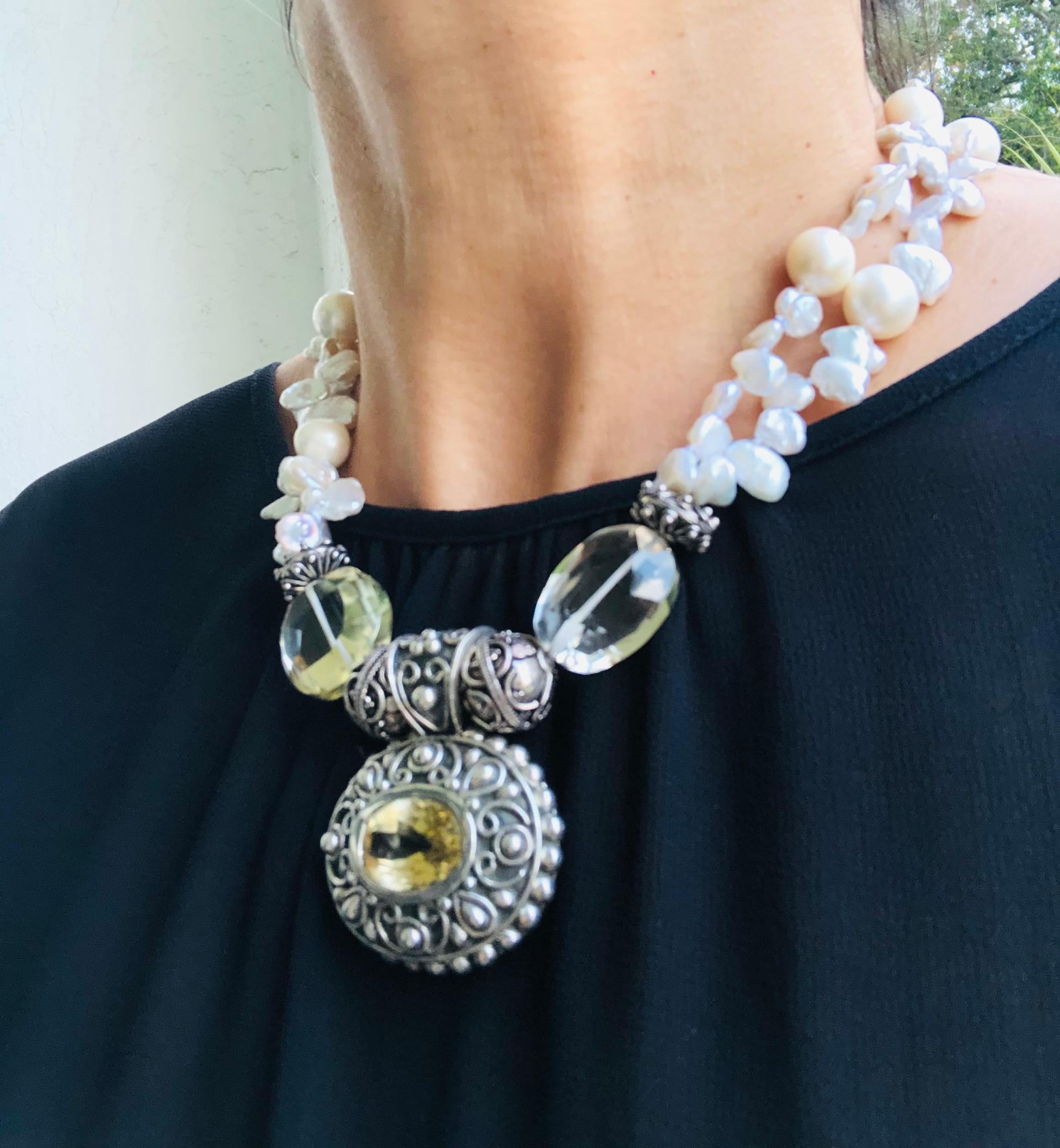 A.Jeschel Bold Citrine Filigree pendant & freshwater pearl necklace  In New Condition For Sale In Miami, FL