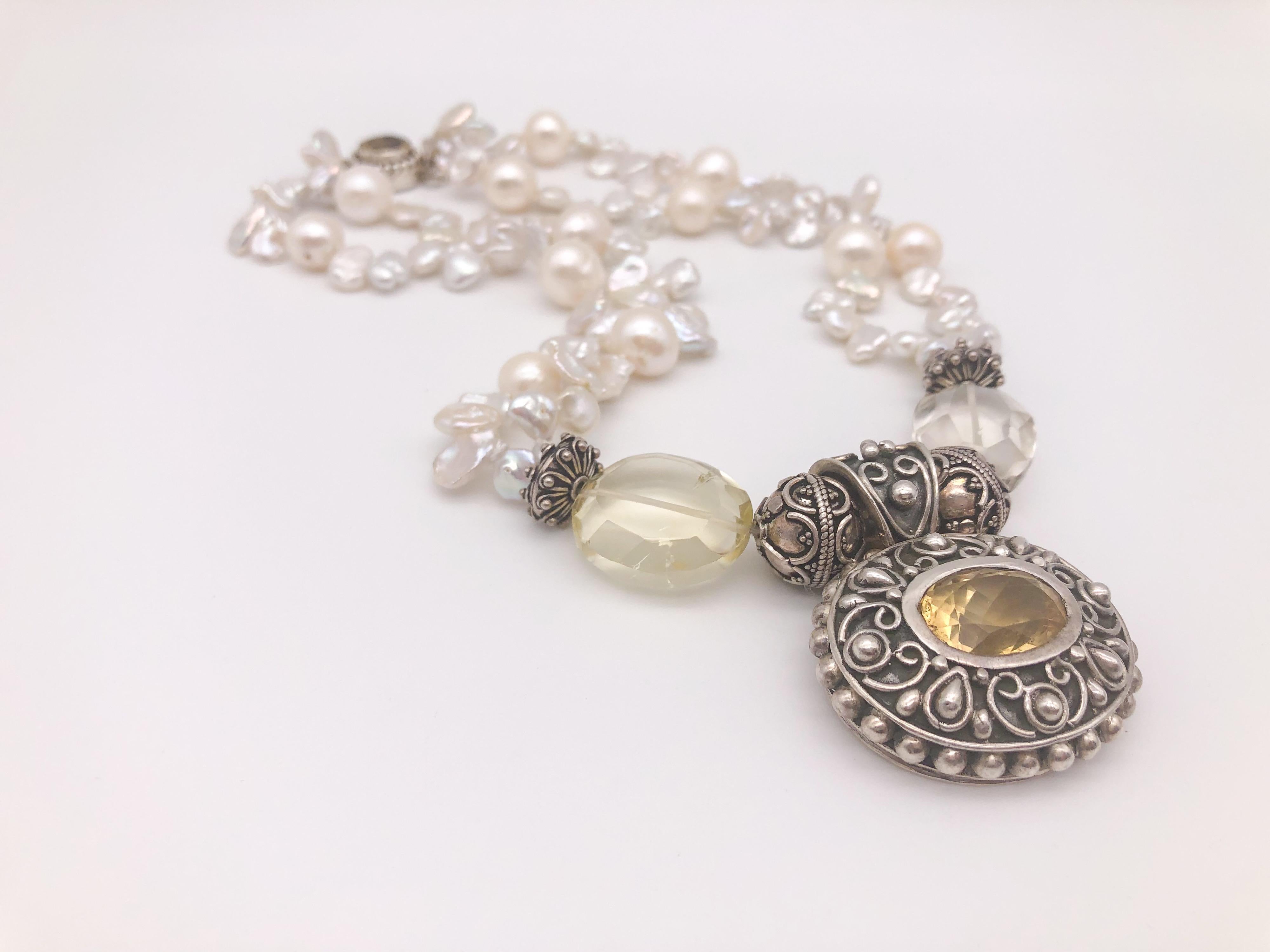 Women's A.Jeschel Bold Citrine Filigree pendant & freshwater pearl necklace  For Sale