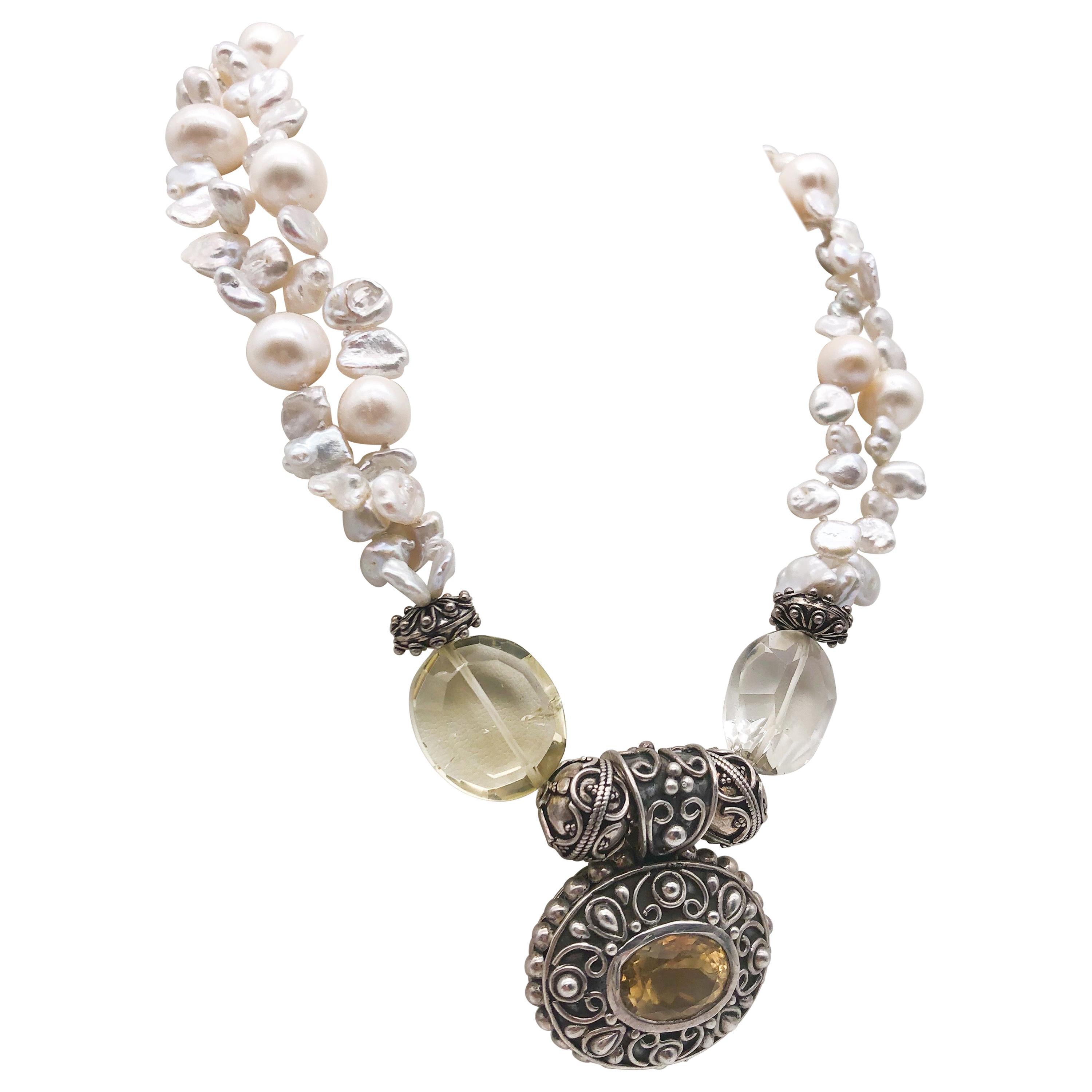 A.Jeschel Bold Citrine Filigree pendant & freshwater pearl necklace  For Sale