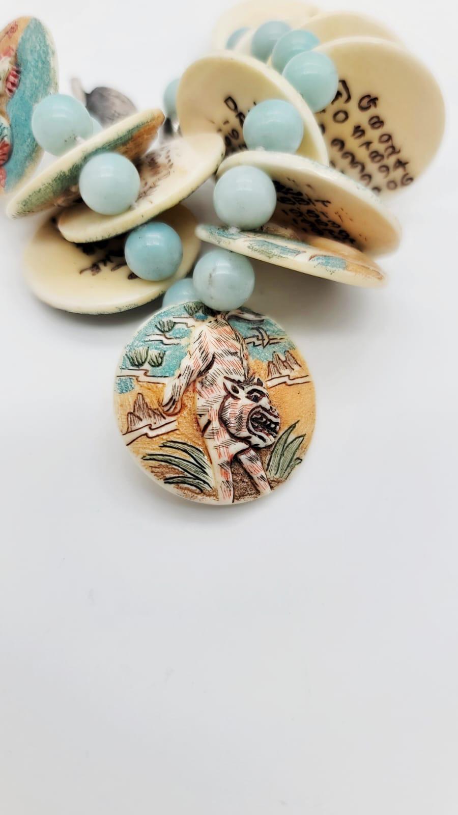 Mixed Cut A.Jeschel Bracelet hand-painted Chinese zodiac carved bone, Amazonite beads For Sale