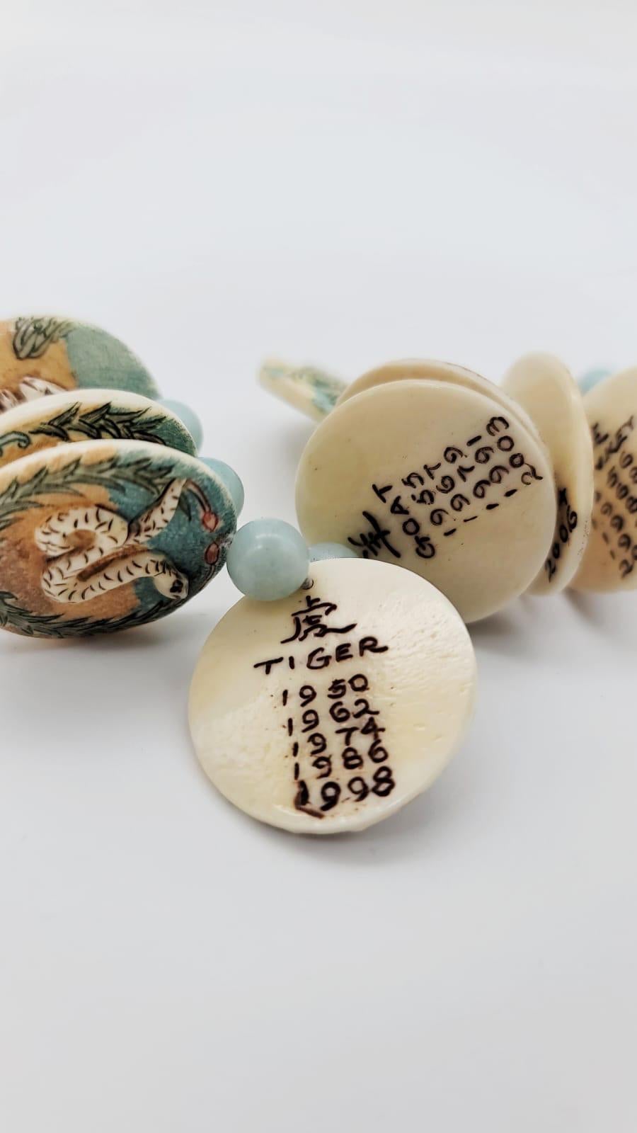 A.Jeschel Bracelet hand-painted Chinese zodiac carved bone, Amazonite beads In New Condition For Sale In Miami, FL