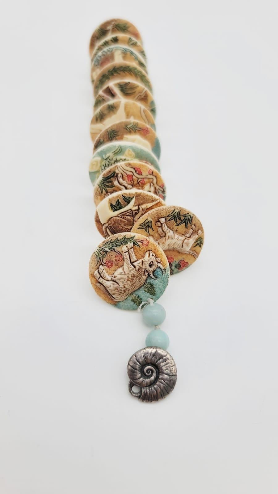 A.Jeschel Bracelet hand-painted Chinese zodiac carved bone, Amazonite beads For Sale 1