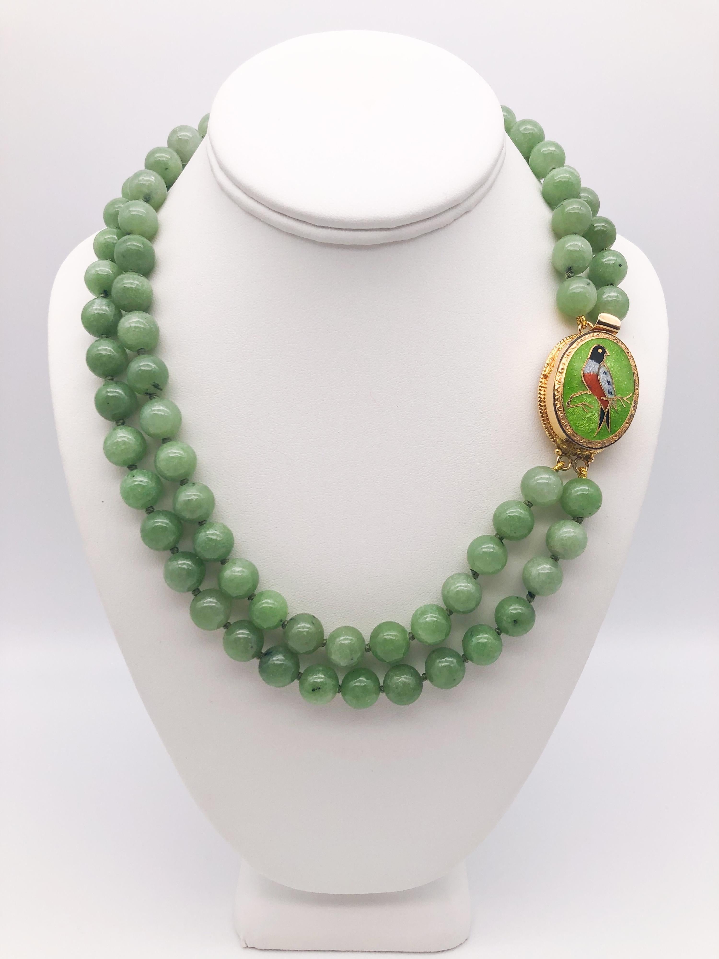 Contemporary A.Jeschel   Burmese Jade 2 strand necklace with Vintage Cloisonné clasp.