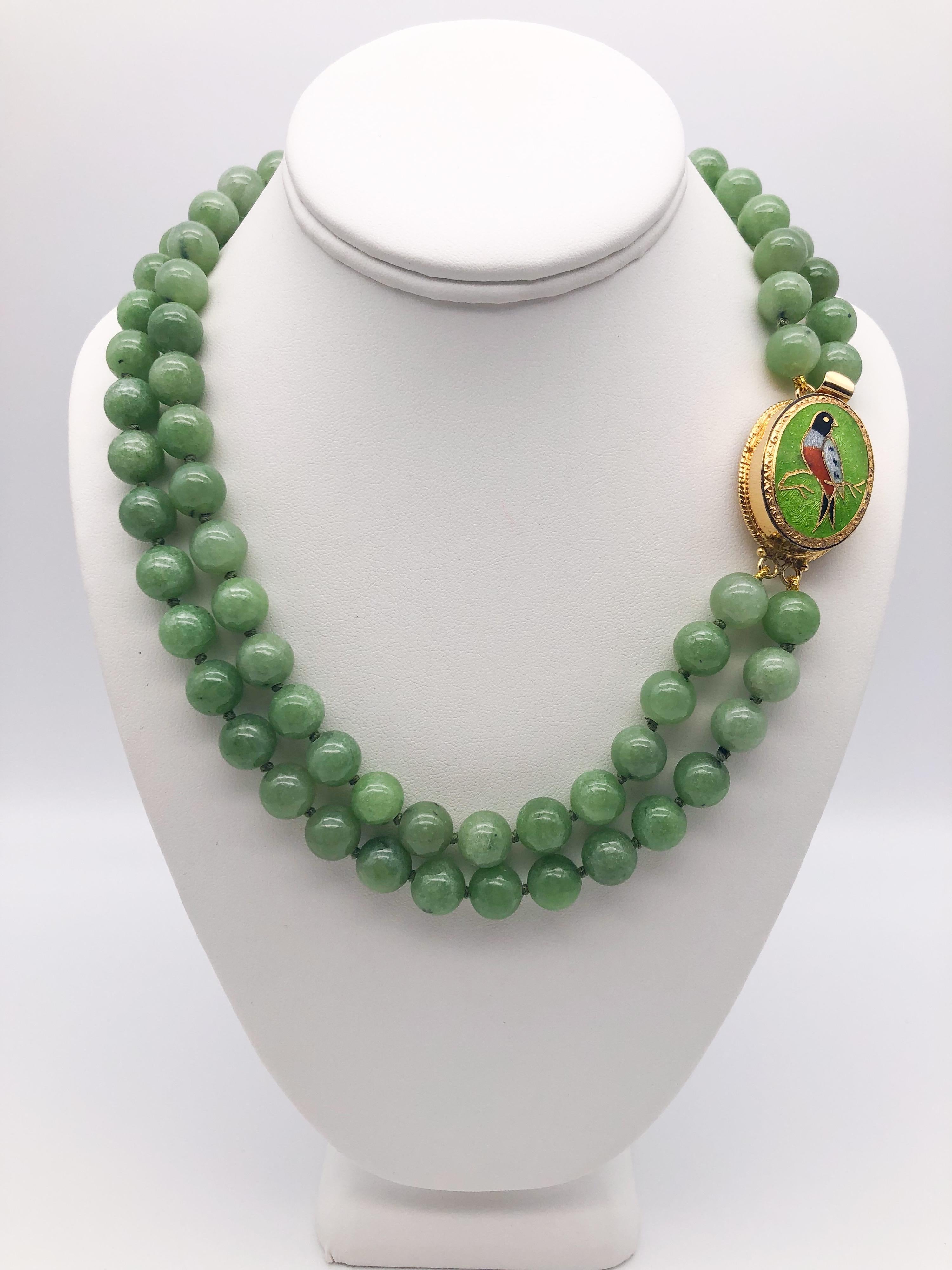 A.Jeschel   Burmese Jade 2 strand necklace with Vintage Cloisonné clasp. 1