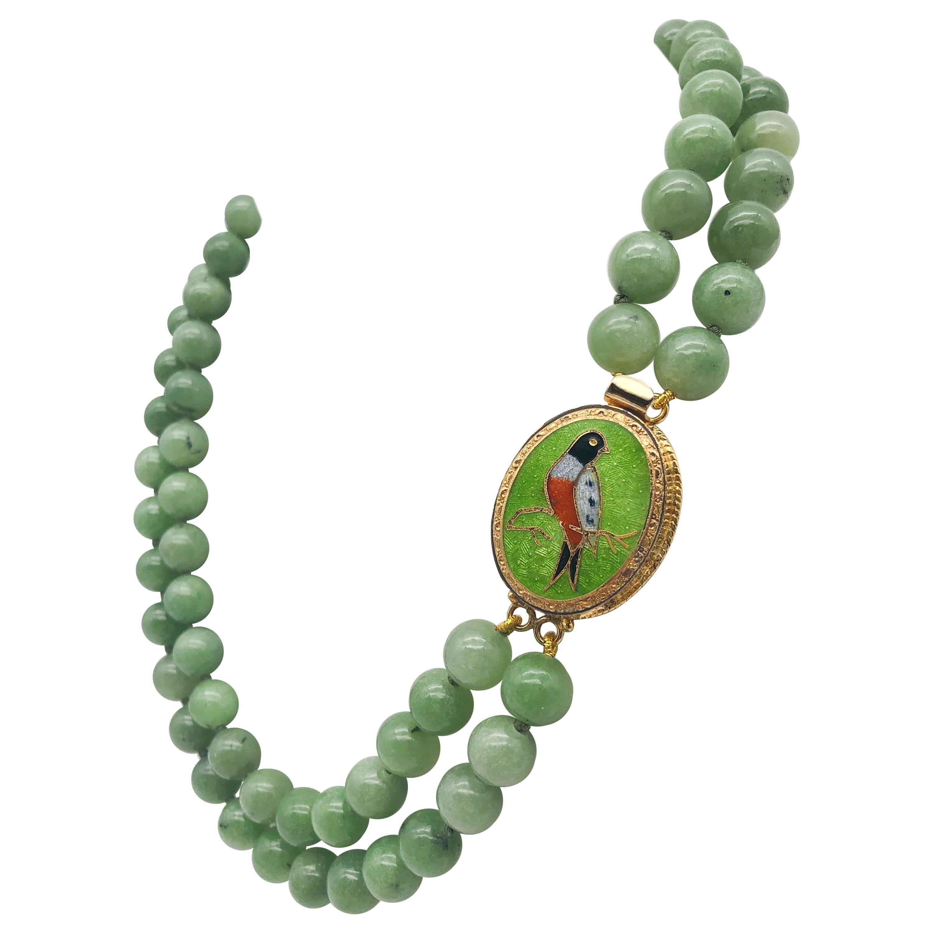 A.Jeschel   Burmese Jade 2 strand necklace with Vintage Cloisonné clasp.