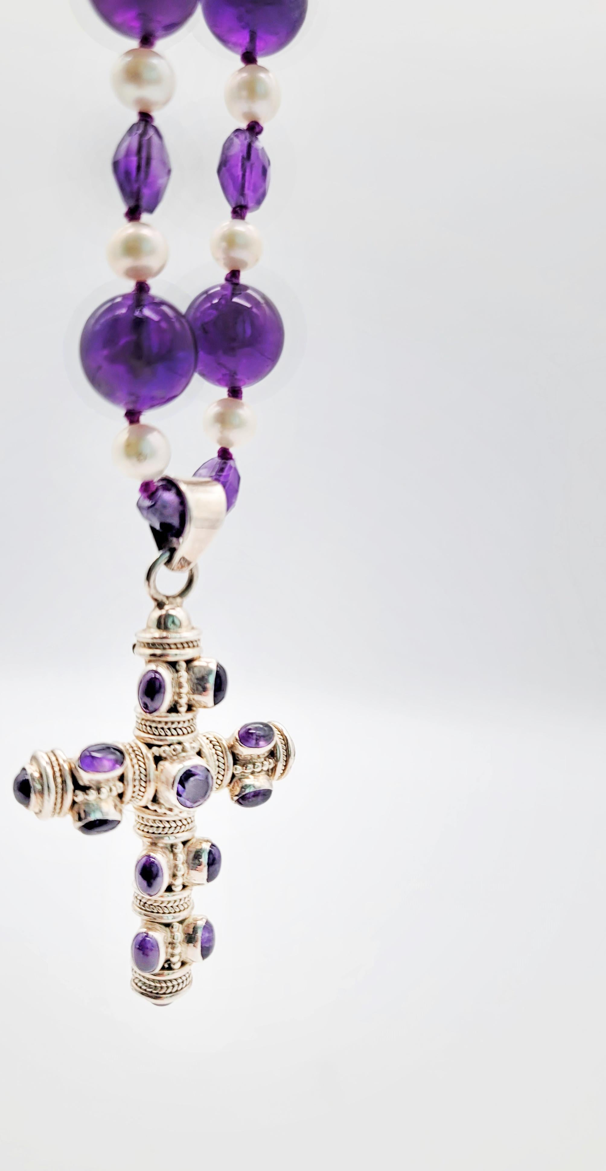 A.Jeschel Cabochon Amethyst and Sterling Silver Cross Pendant Necklace. For Sale 1