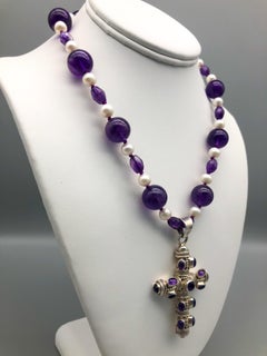 A.Jeschel Cabochon Amethyst and Sterling Silver Cross Pendant Necklace 