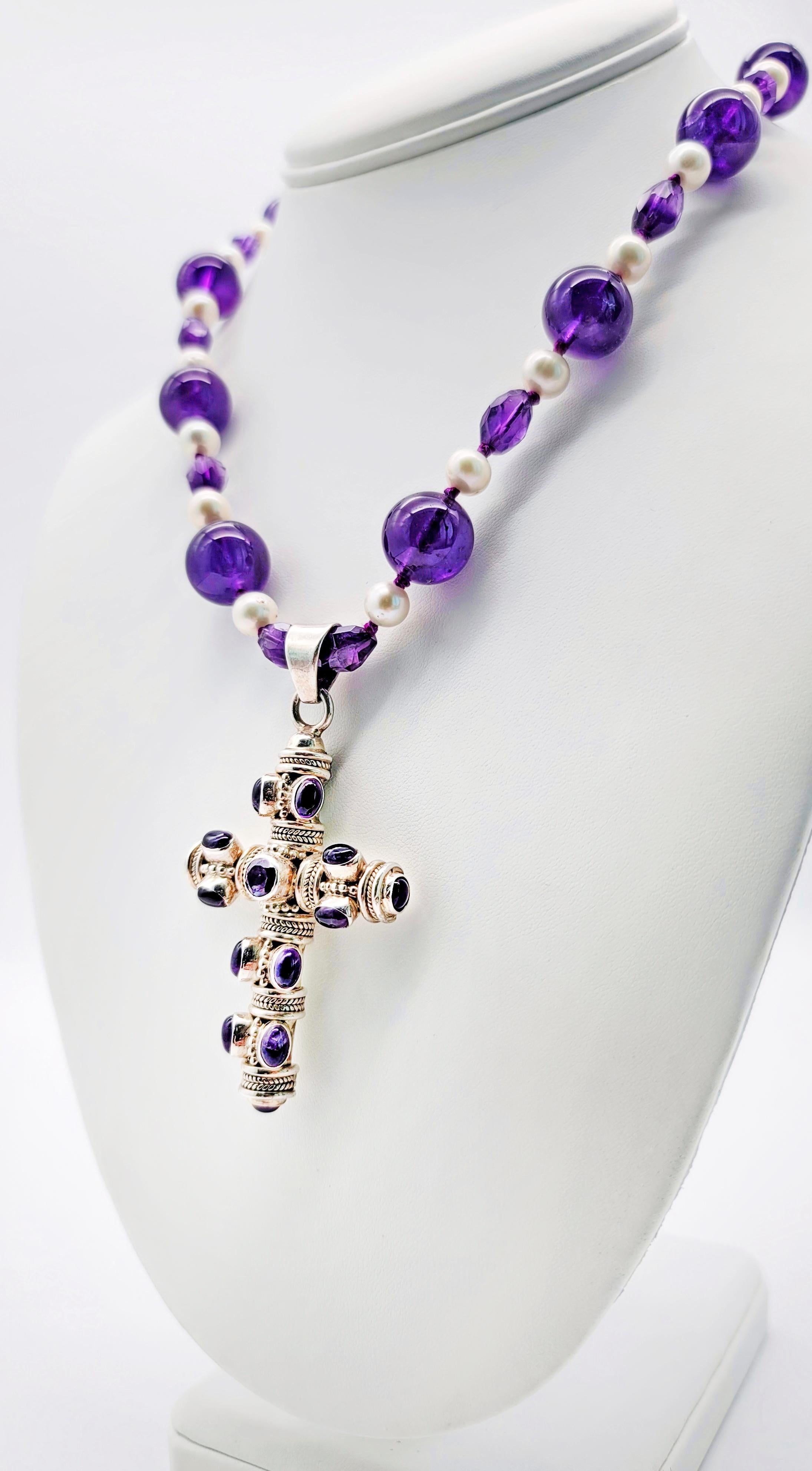 Contemporary A.Jeschel Cabochon Amethyst and Sterling Silver Cross Pendant Necklace. For Sale