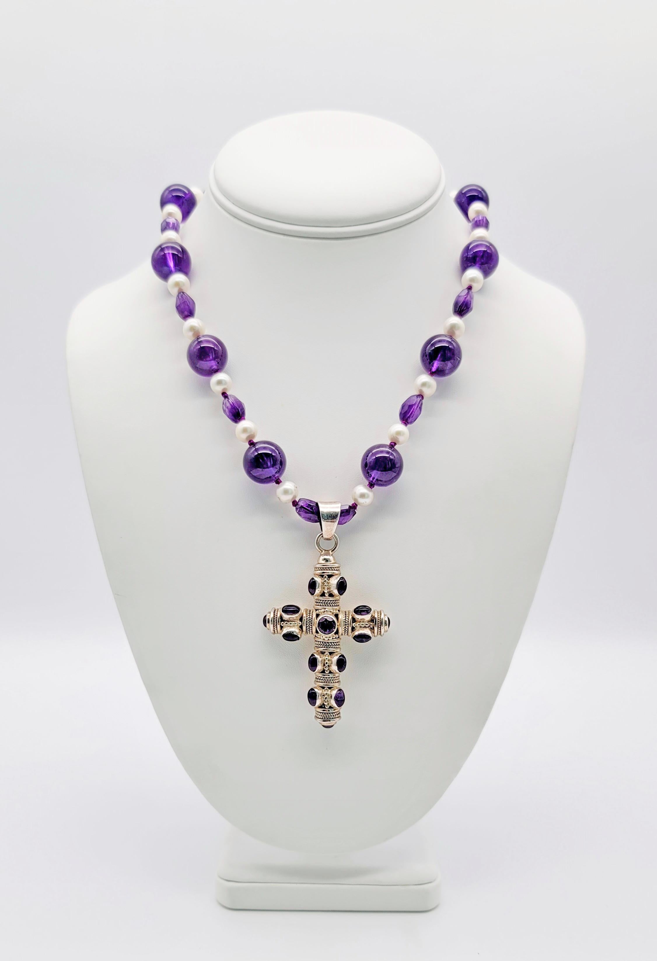 A.Jeschel Cabochon Amethyst and Sterling Silver Cross Pendant Necklace. For Sale