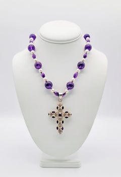 A.Jeschel Cabochon Amethyst and Sterling Silver Cross Pendant Necklace.