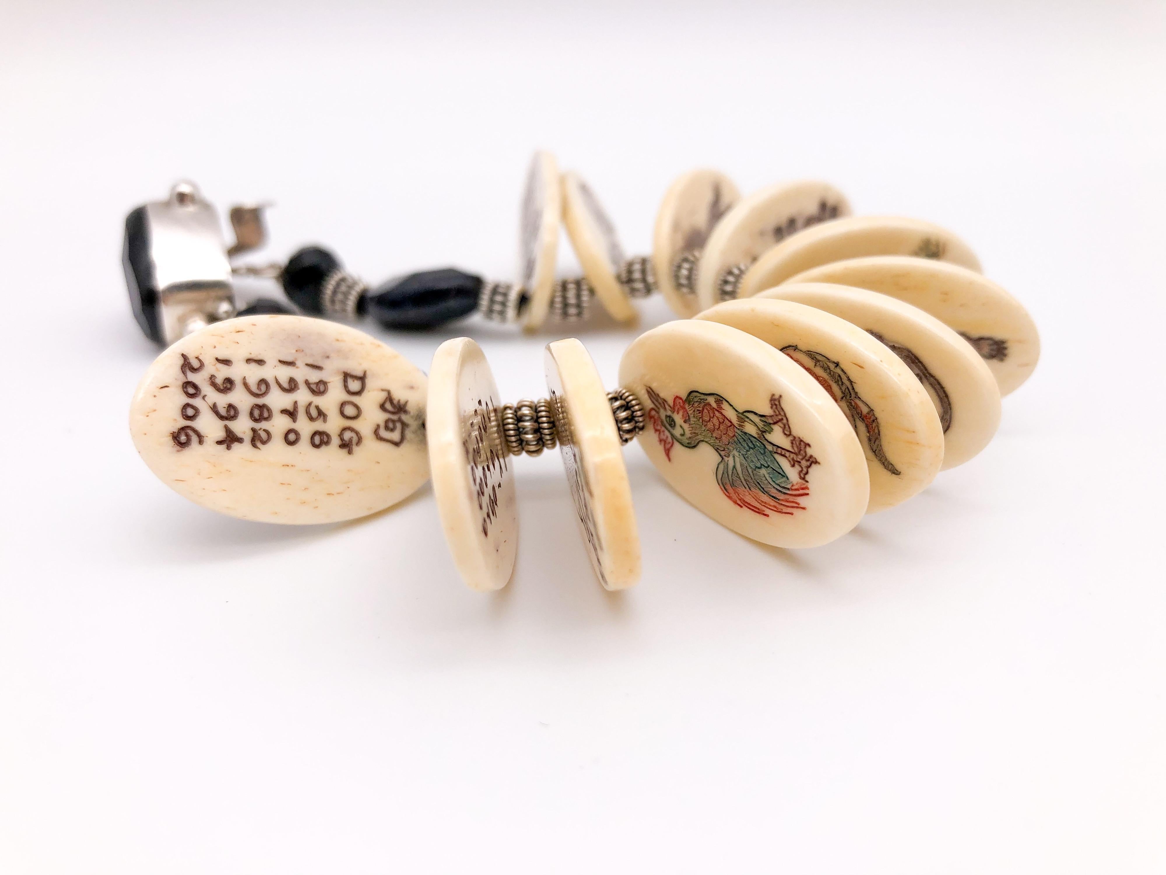 A.Jeschel Chinese Zodiac bracelet hand painted matching with Onyx beads For Sale 4