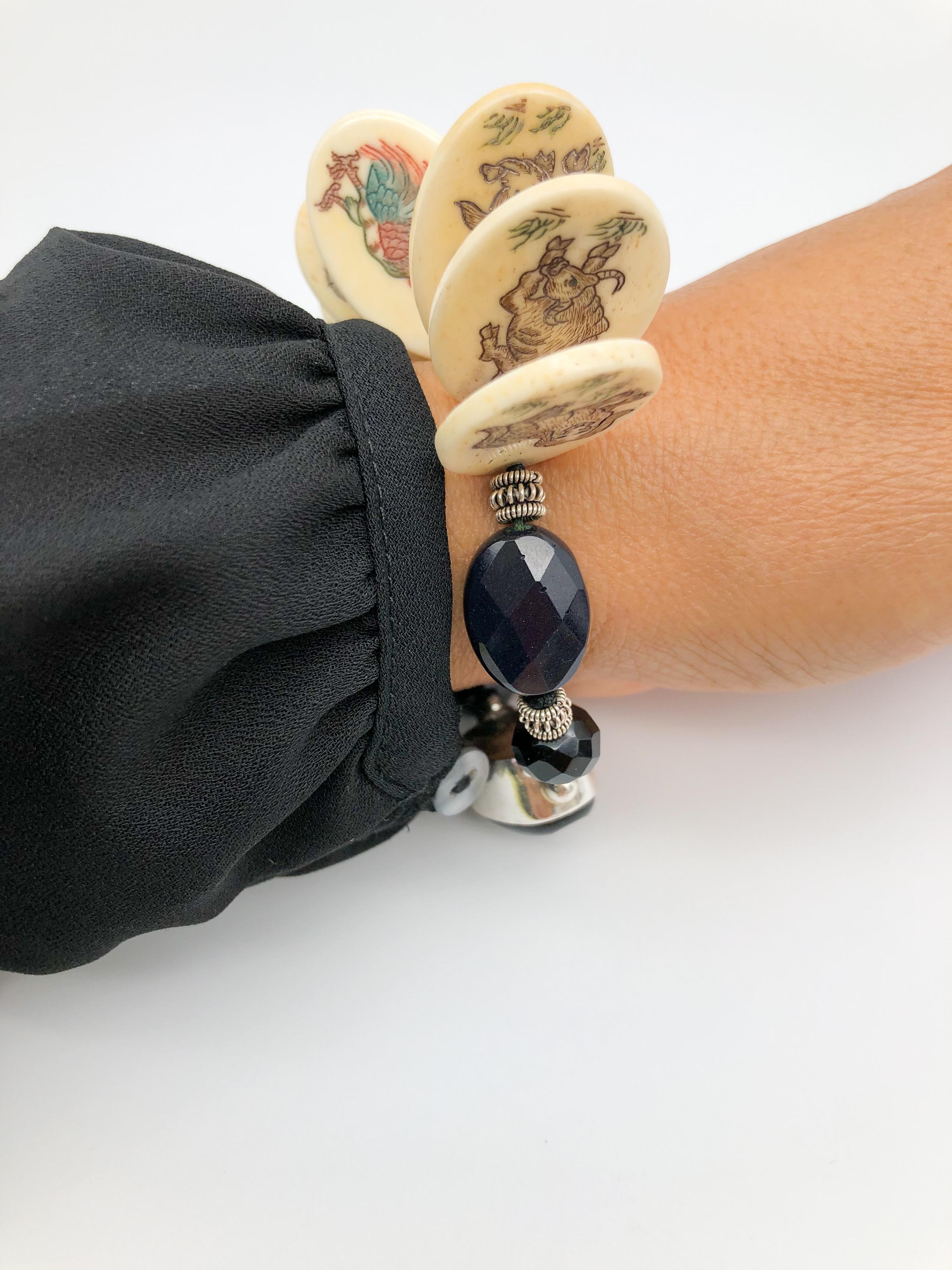 Contemporary A.Jeschel Chinese Zodiac bracelet hand painted matching with Onyx beads For Sale