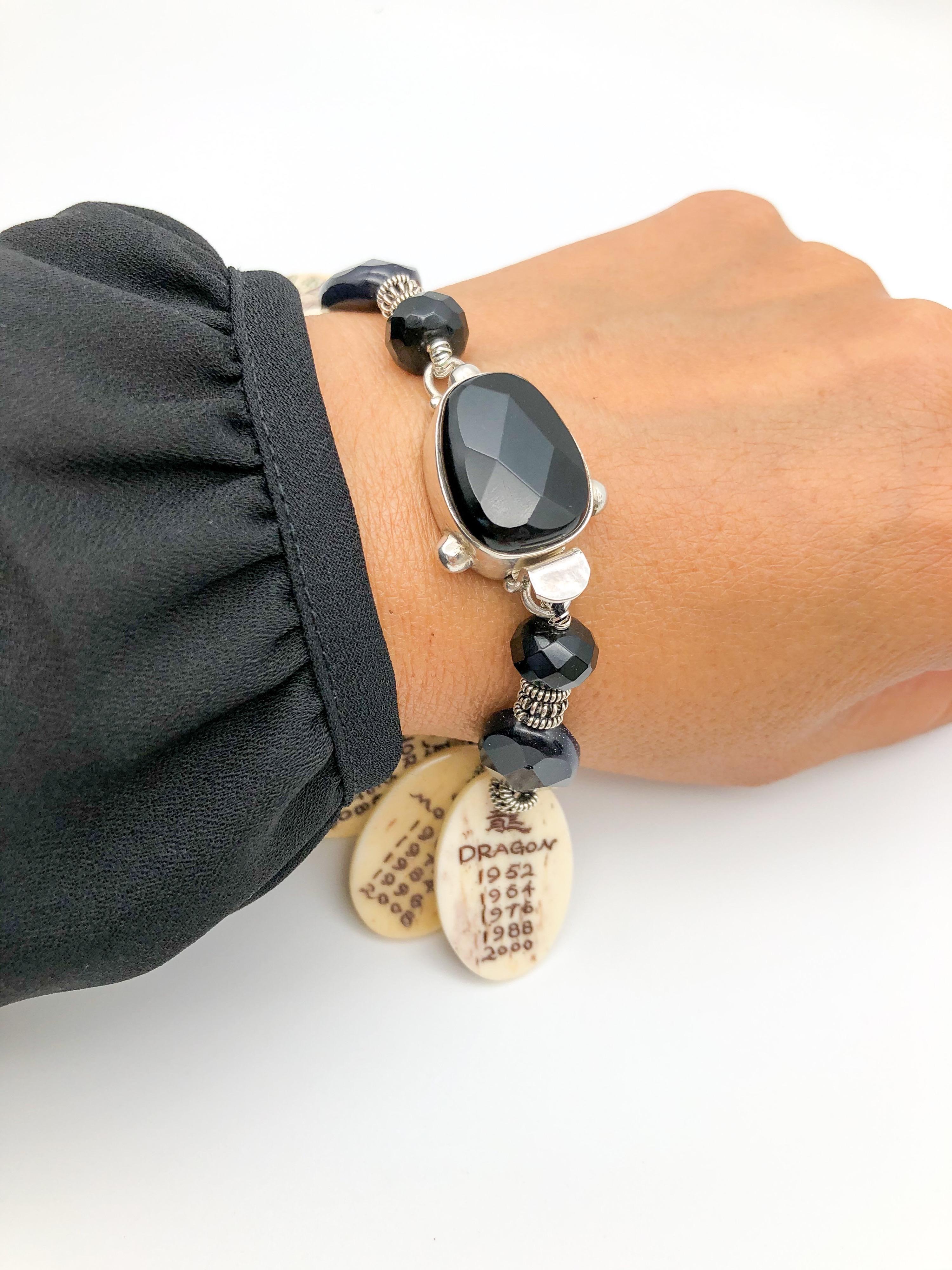 Women's A.Jeschel Chinese Zodiac bracelet hand painted matching with Onyx beads For Sale