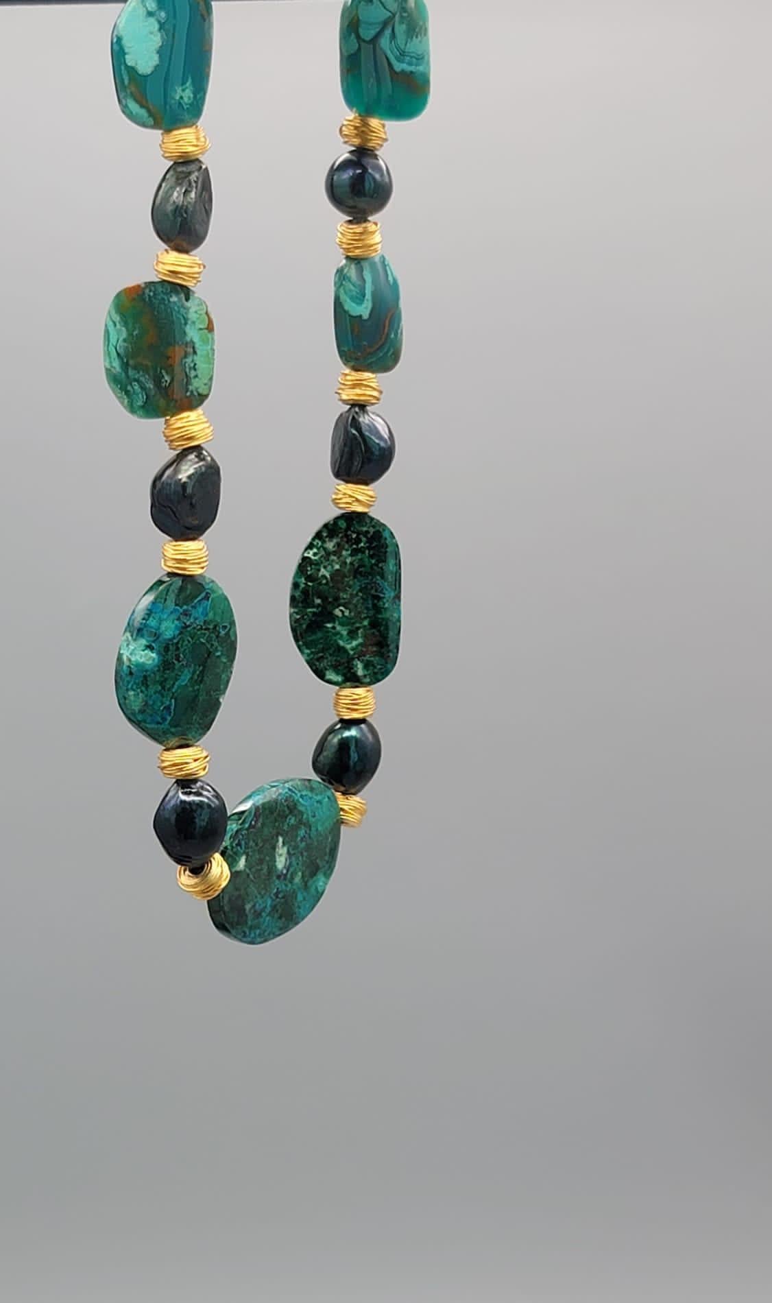 A.Jeschel Chrysocolla necklace separated by green peacock Baroque Pearls. For Sale 2
