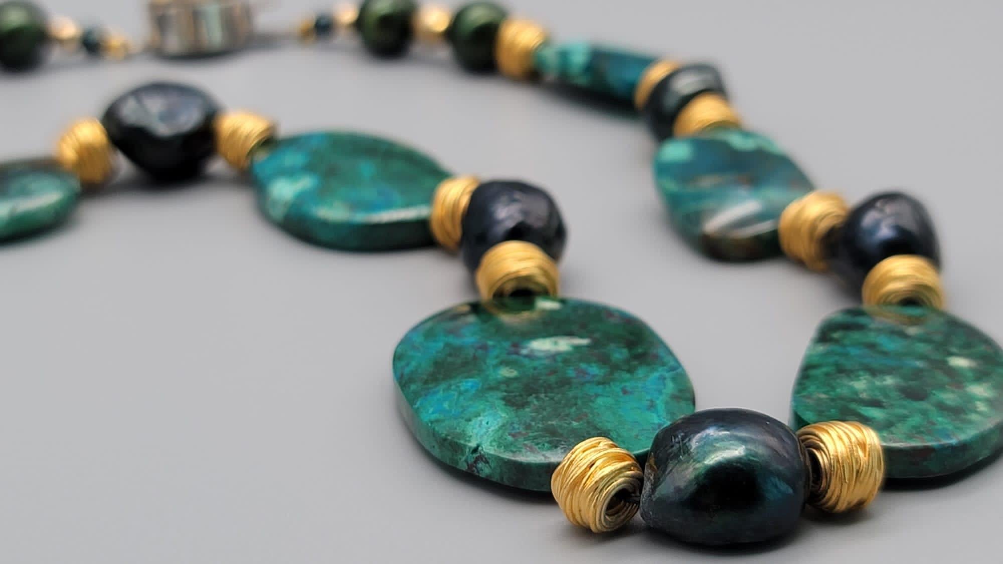 A.Jeschel Chrysocolla necklace separated by green peacock Baroque Pearls. For Sale 3