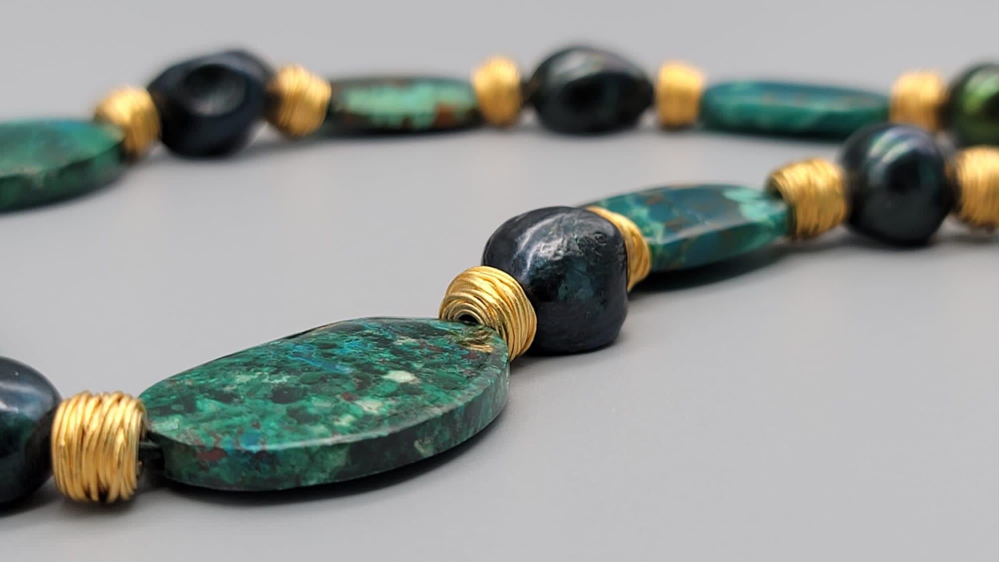 A.Jeschel Chrysocolla necklace separated by green peacock Baroque Pearls. For Sale 5