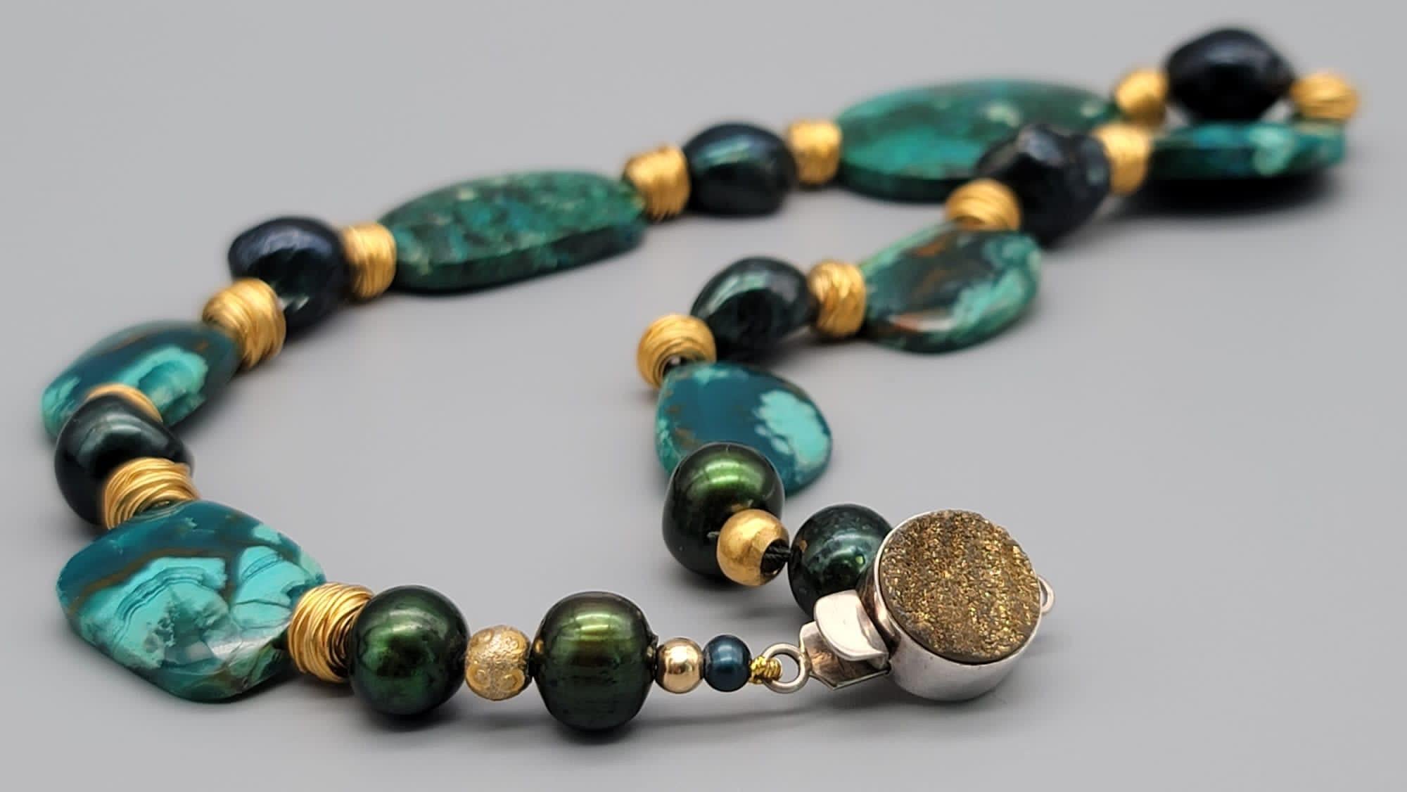 A.Jeschel Chrysocolla necklace separated by green peacock Baroque Pearls. For Sale 6