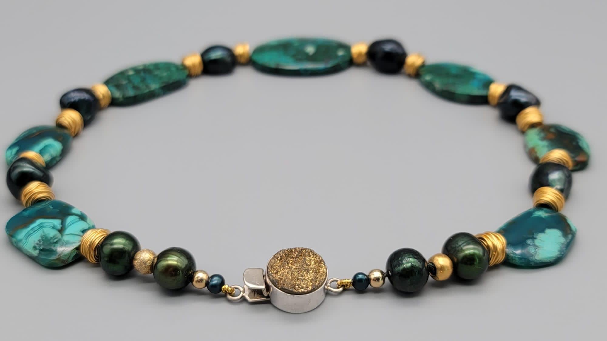 Women's A.Jeschel Chrysocolla necklace separated by green peacock Baroque Pearls. For Sale
