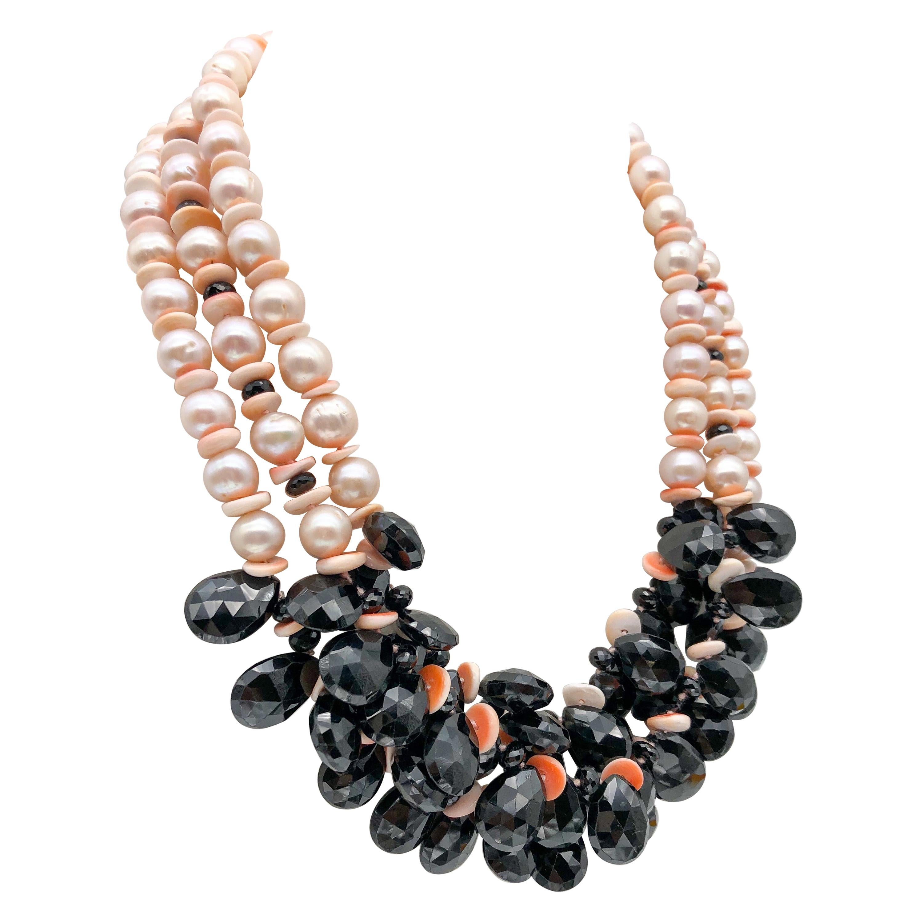 Wonderful Combination 4 Strands Natural  Fresh Water pearls &Black Onyx Necklace
