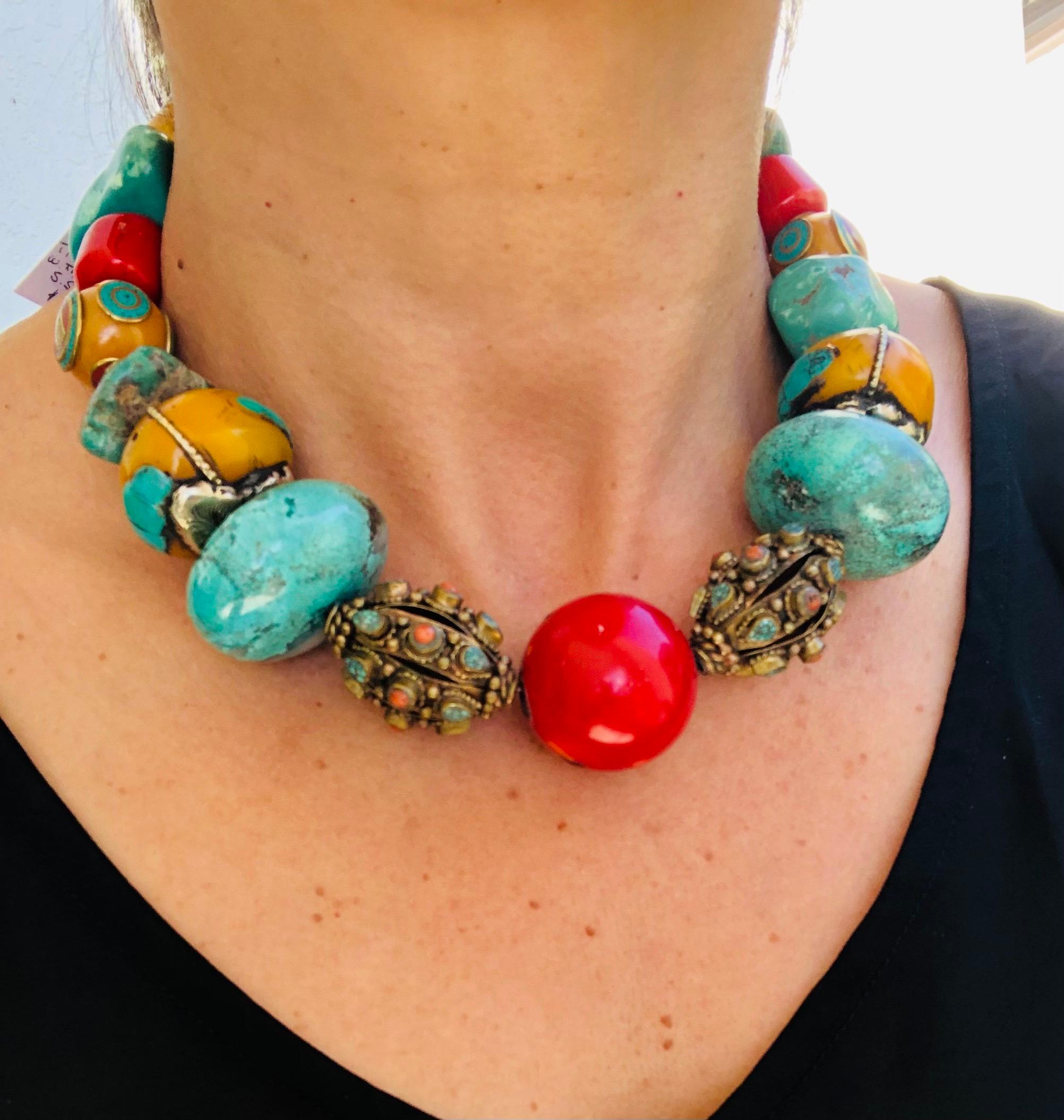 A.Jeschel Colorful and Bold necklace with Amber Coral Turquois and Tibetan beads For Sale 7