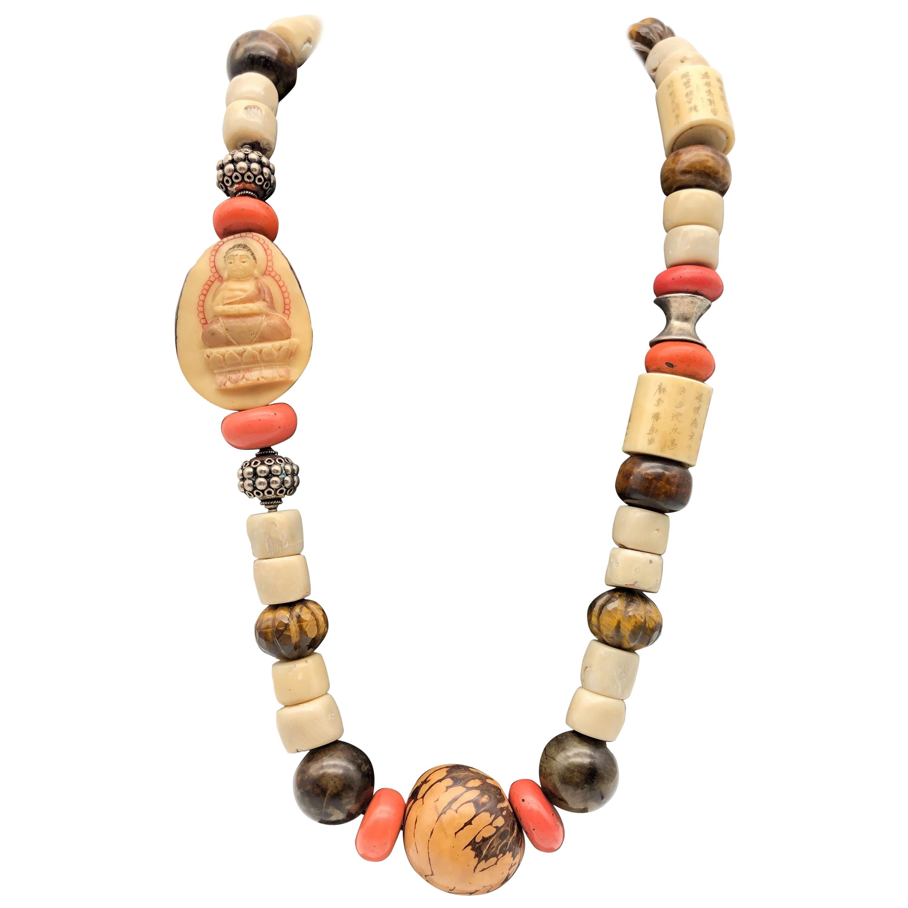 A.Jeschel Colorful Ethnic Tibetan beads and Carved Buddha necklace For Sale