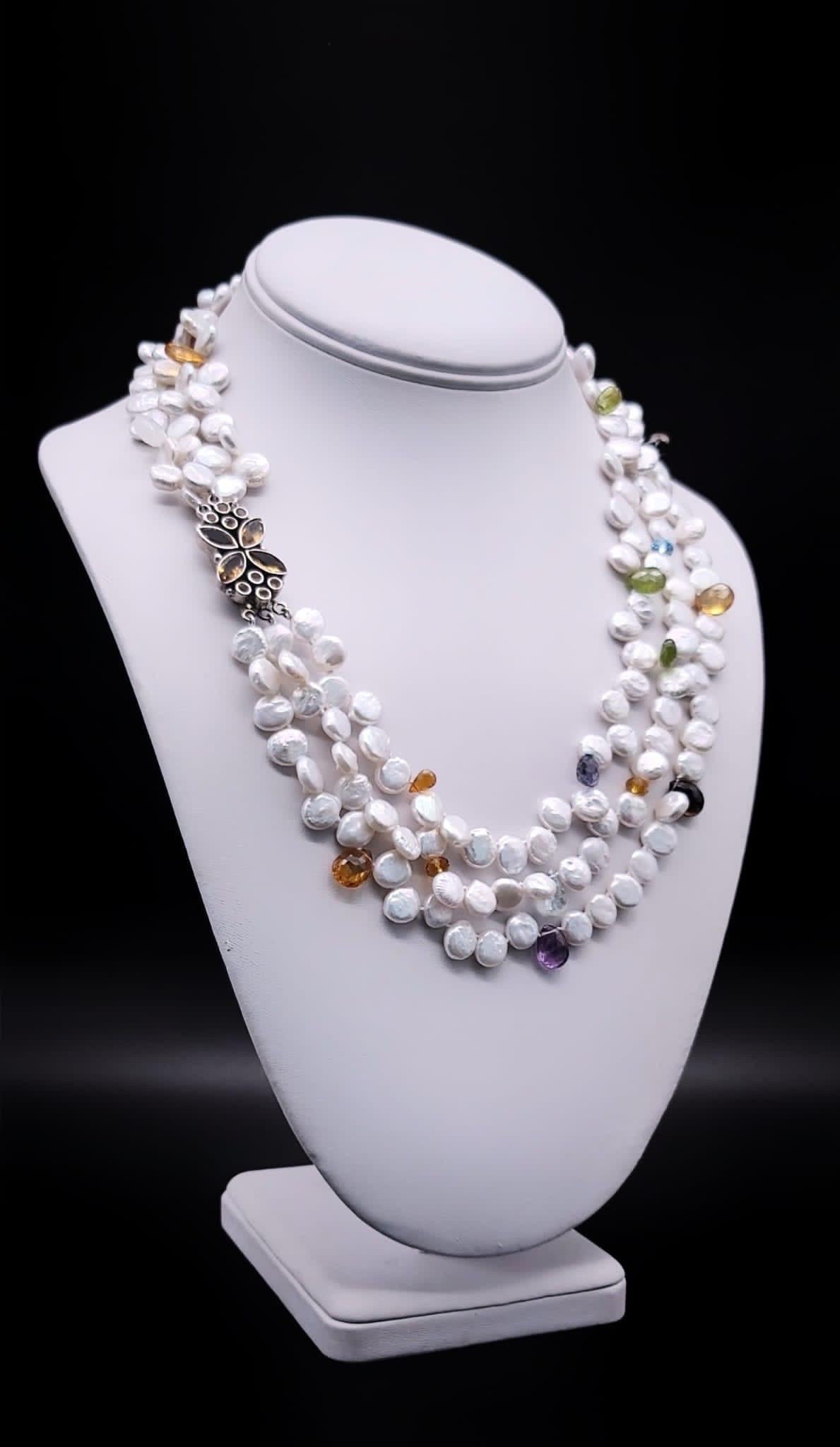 A.Jeschel  Delicate 3 strands of Freshwater Pearl  In New Condition For Sale In Miami, FL