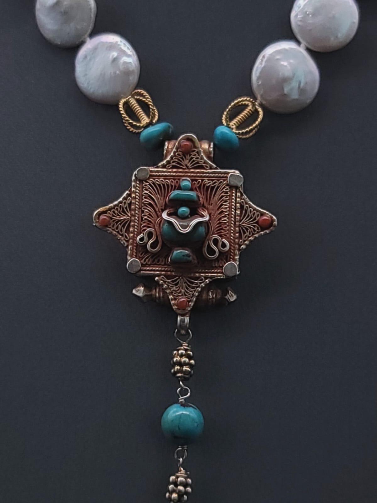 Contemporary A.Jeschel Delicate Tibetan Ghau box Pearl necklace.