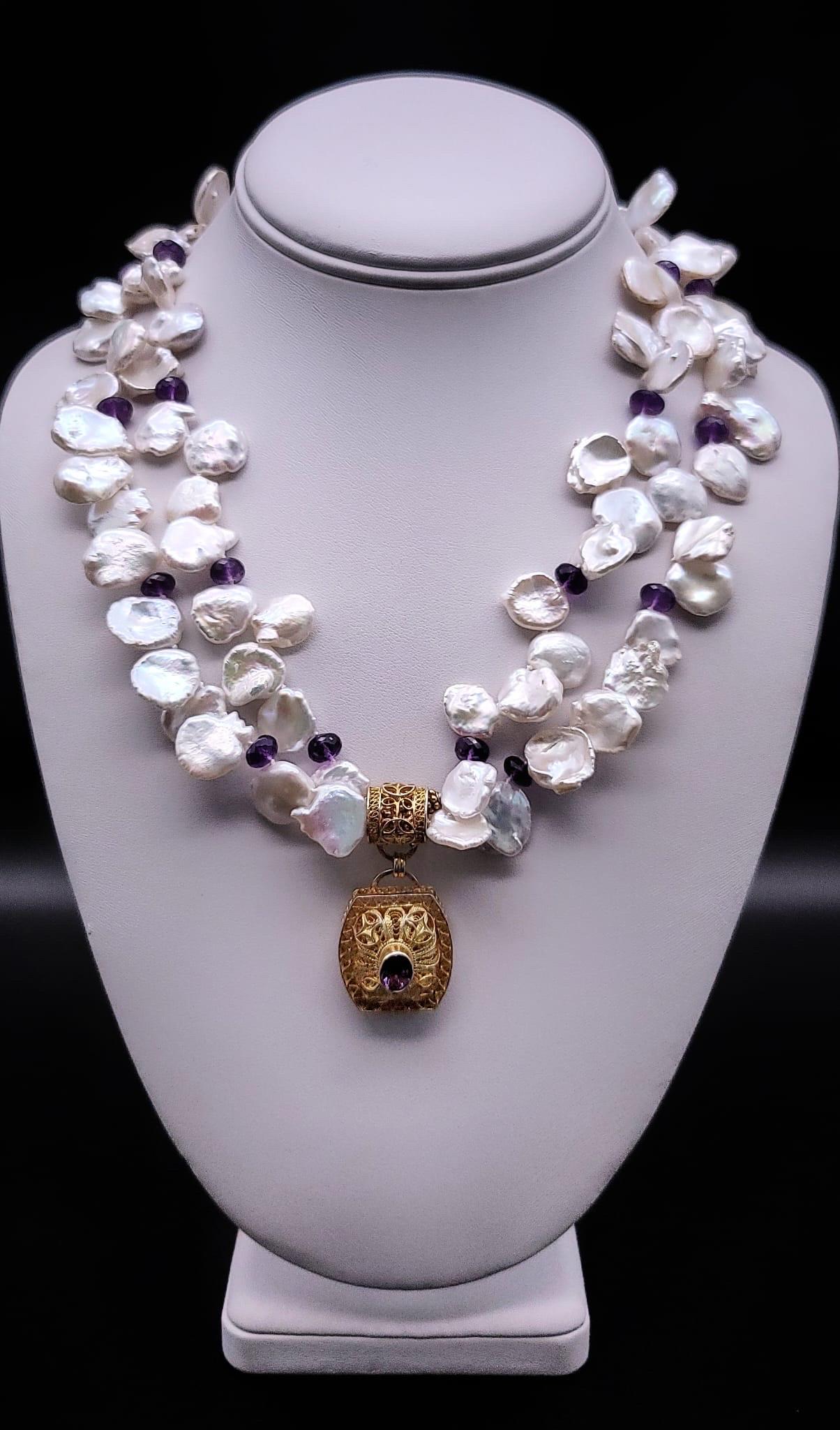A.Jeschel Double strand Keshi Pearl with an Amethyst vermeil pendant. For Sale 4