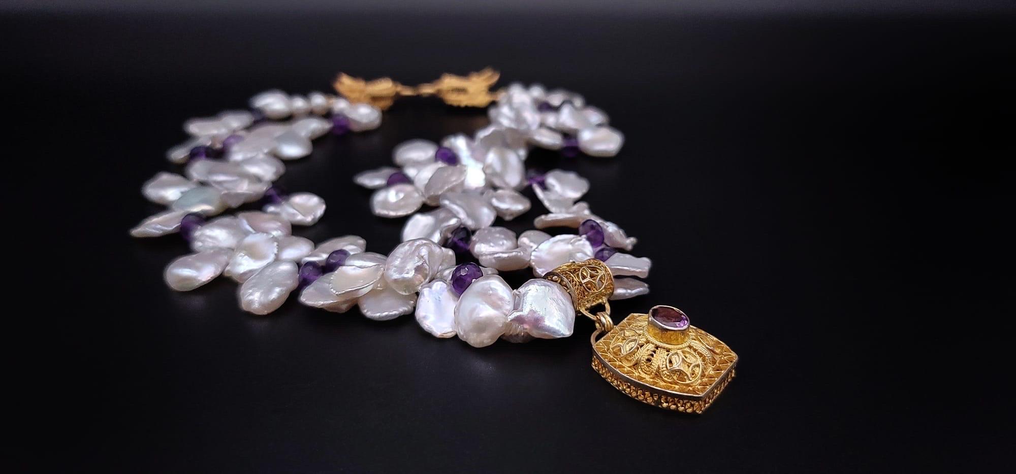 A.Jeschel Double strand Keshi Pearl with an Amethyst vermeil pendant. For Sale 8