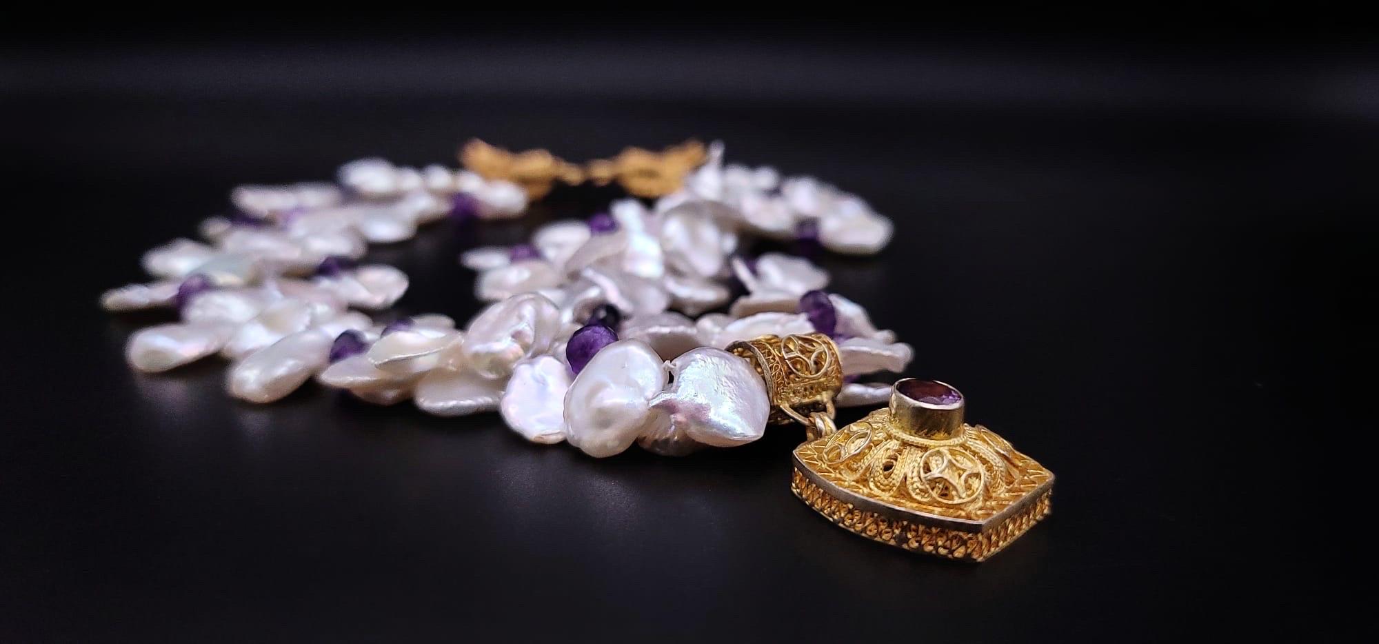 A.Jeschel Double strand Keshi Pearl with an Amethyst vermeil pendant. For Sale 9