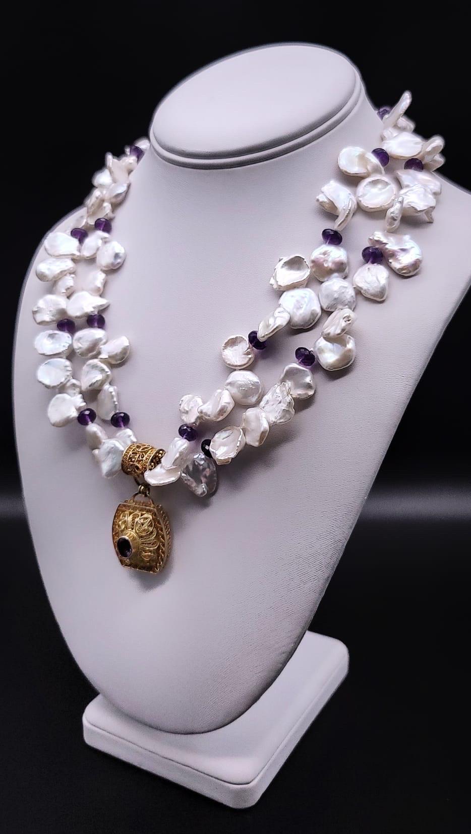 A.Jeschel Double strand Keshi Pearl with an Amethyst vermeil pendant. For Sale 10