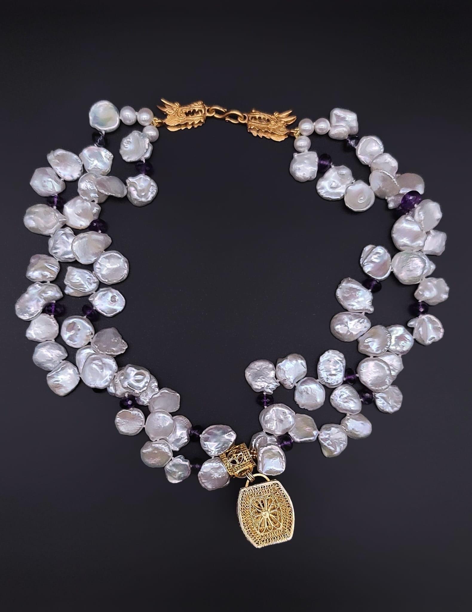 A.Jeschel Double strand Keshi Pearl with an Amethyst vermeil pendant. In New Condition For Sale In Miami, FL