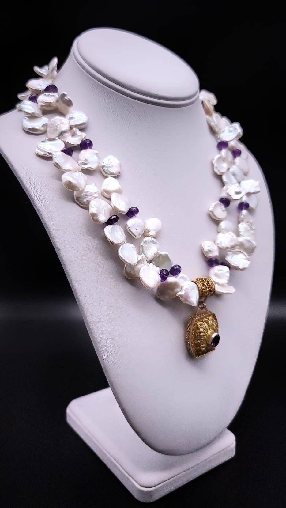 Women's A.Jeschel Double strand Keshi Pearl with an Amethyst vermeil pendant. For Sale