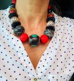 A.Jeschel Unique Tibetan Beads Cinnabar and  Brazilian Onyx Necklace