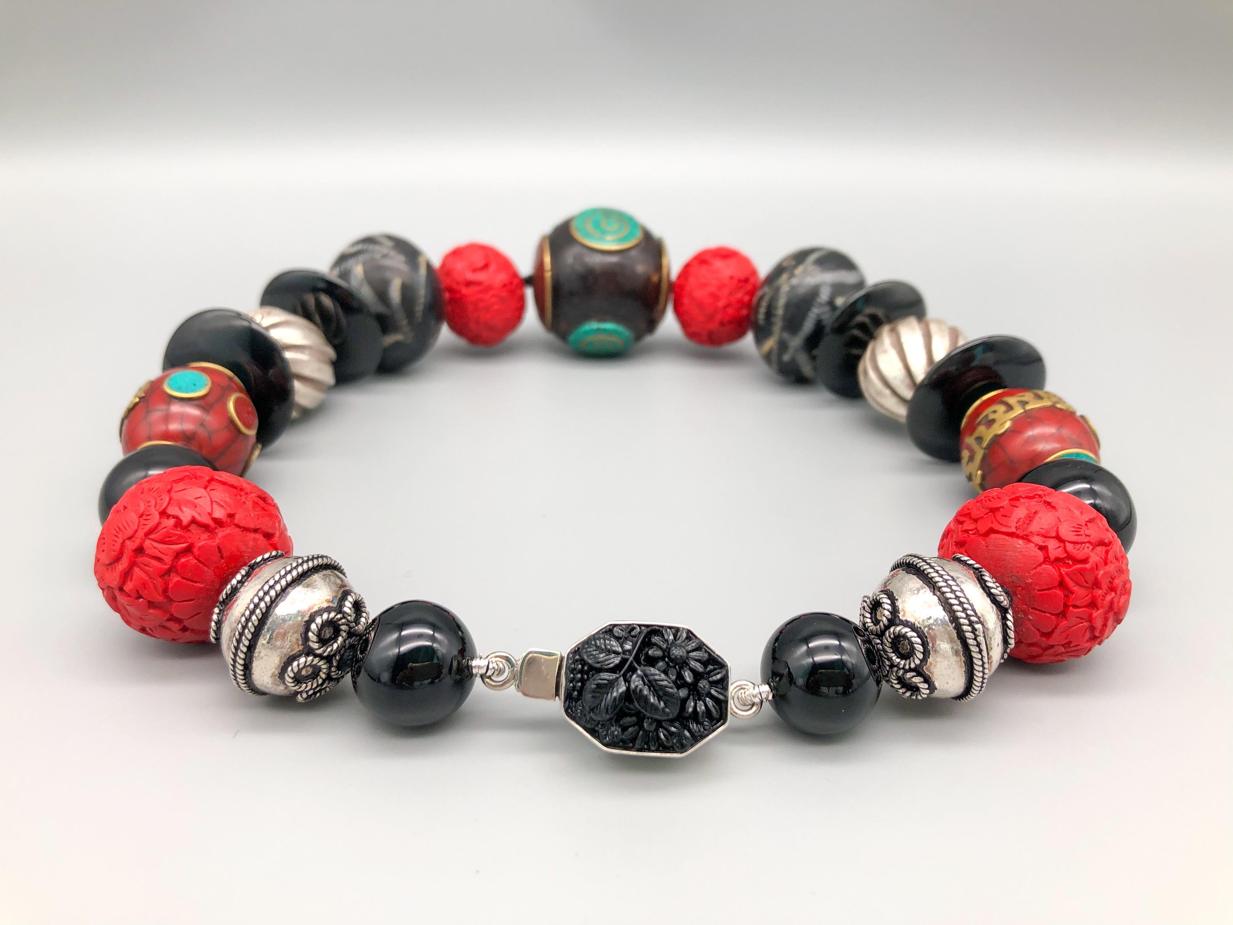 Contemporary A.Jeschel Unique Tibetan Beads Cinnabar and  Brazilian Onyx Necklace  For Sale