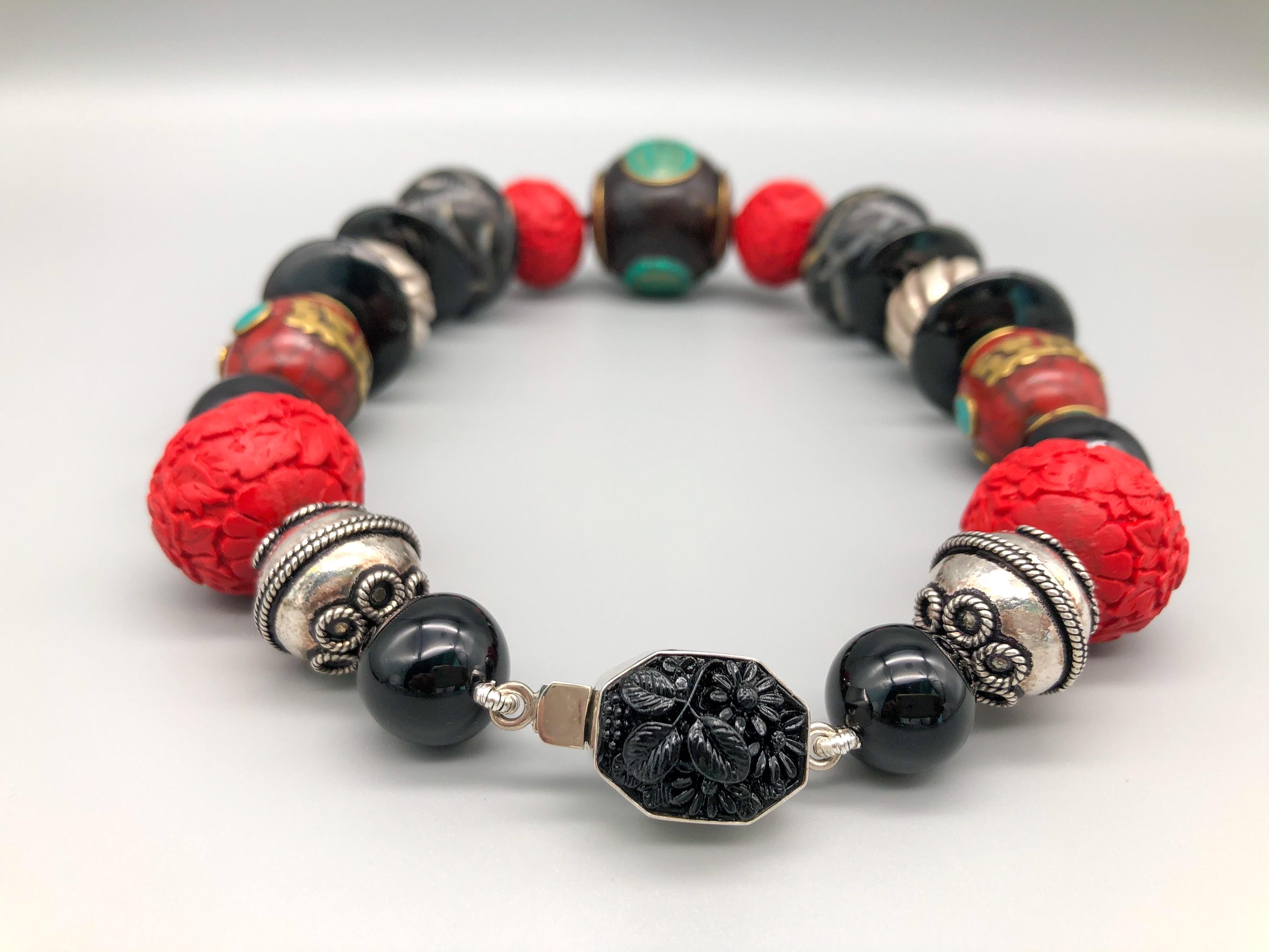 Mixed Cut A.Jeschel Unique Tibetan Beads Cinnabar and  Brazilian Onyx Necklace  For Sale
