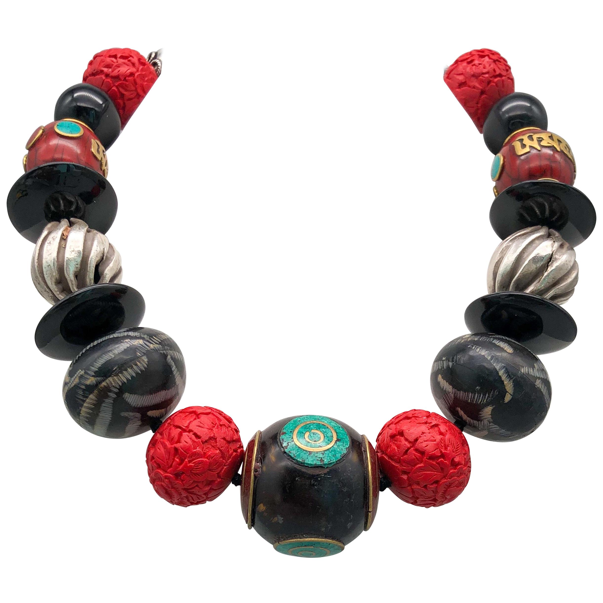 A.Jeschel Unique Tibetan Beads Cinnabar and  Brazilian Onyx Necklace  For Sale
