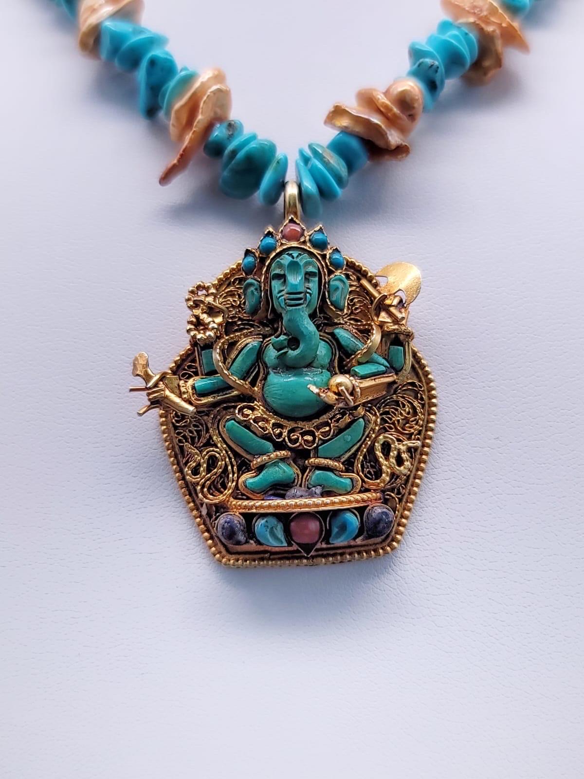 A.Jeschel, élégant collier pendentif Ganesh en turquoise. Unisexe en vente