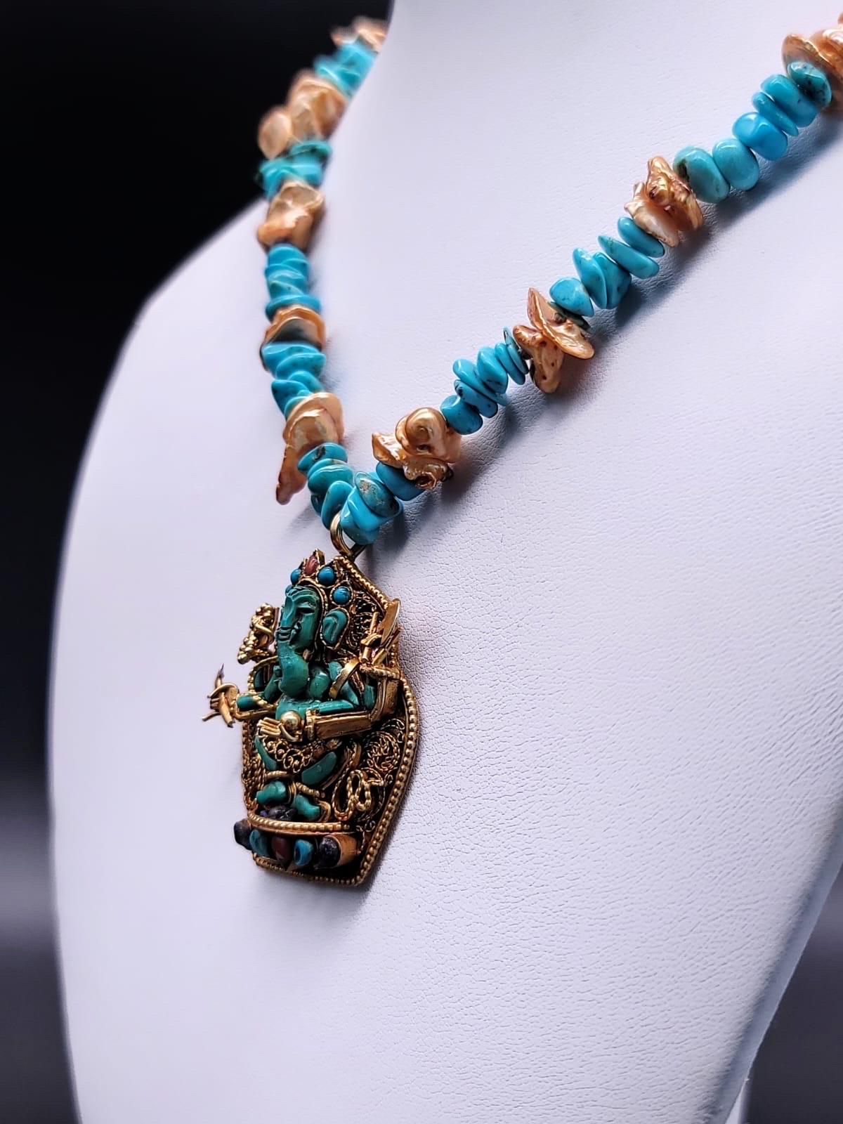 A.Jeschel, élégant collier pendentif Ganesh en turquoise. en vente 1