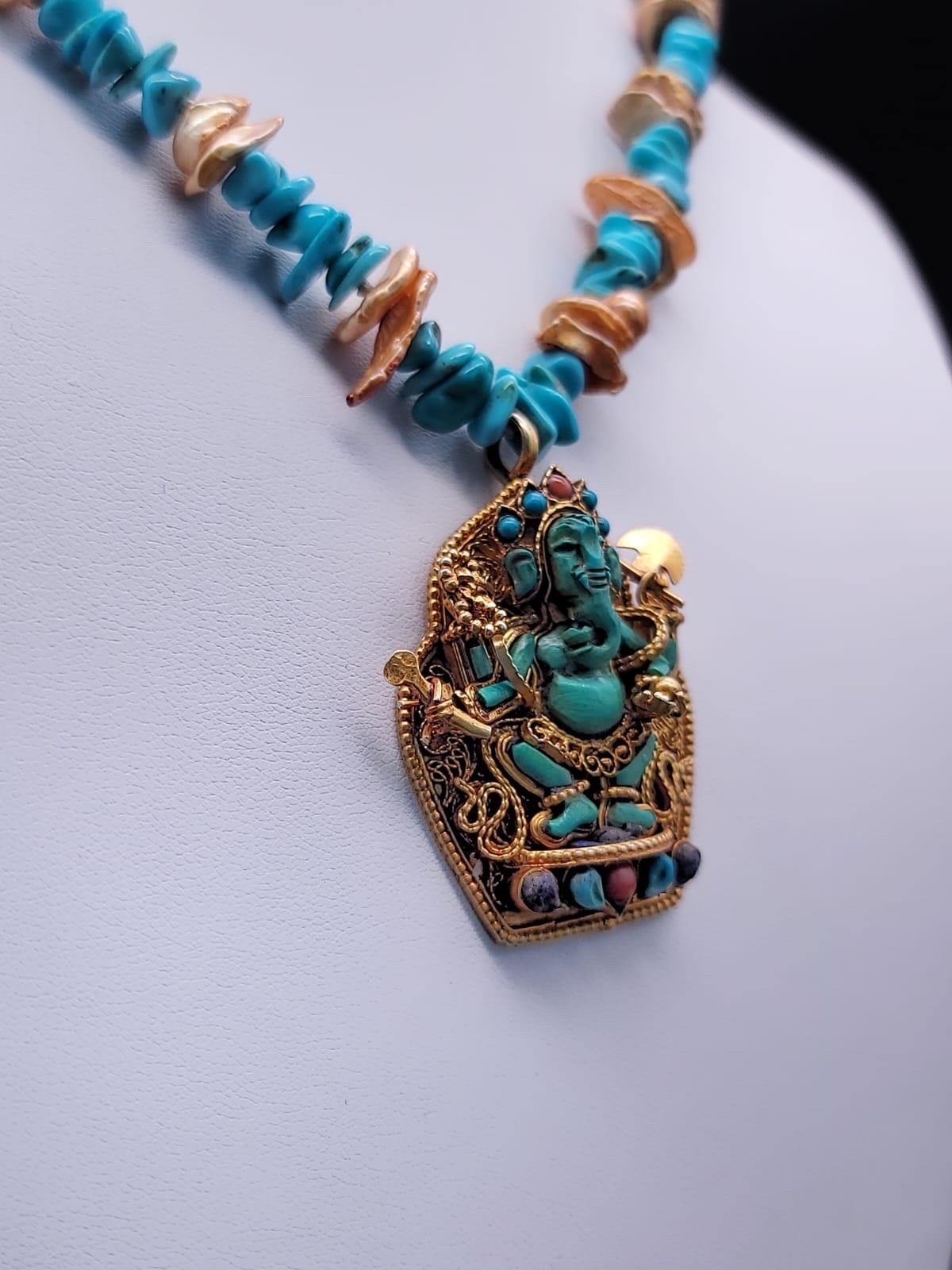 A.Jeschel, élégant collier pendentif Ganesh en turquoise. en vente 2