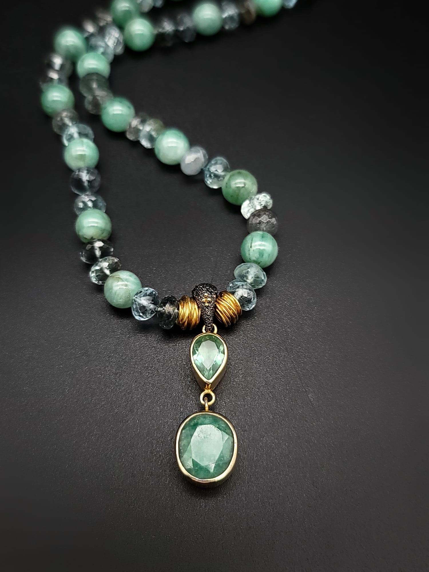 One-of-a-Kind


Blue and green on the color spectrum combined in a green Emerald and blue Aquamarine necklace. The Emeralds are 8m.m polished beads the Aquamarine are faceted roundels. The strand is anchored by Bora designed clasp of an Emerald