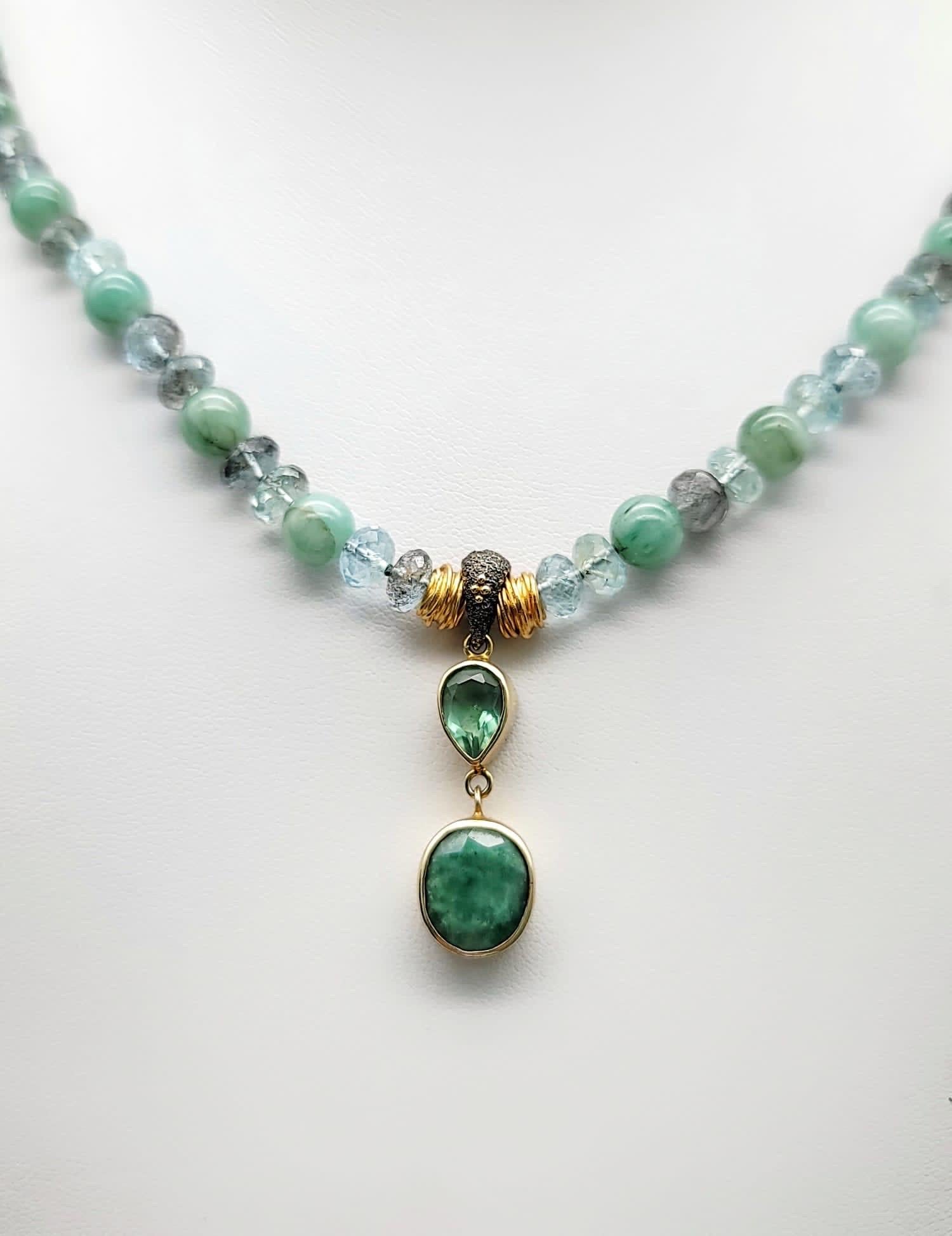 Mixed Cut A.Jeschel Emerald pendant and Aquamarine necklace.