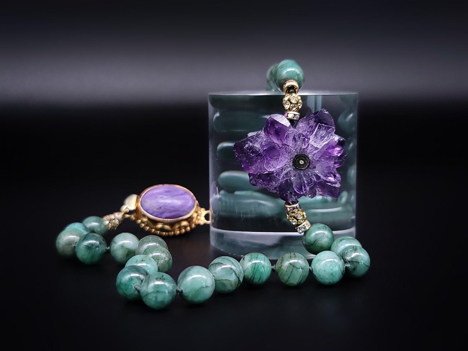 A.Jeschel Emerald with Amethyst  stalactite sliced pendant necklace . For Sale 8