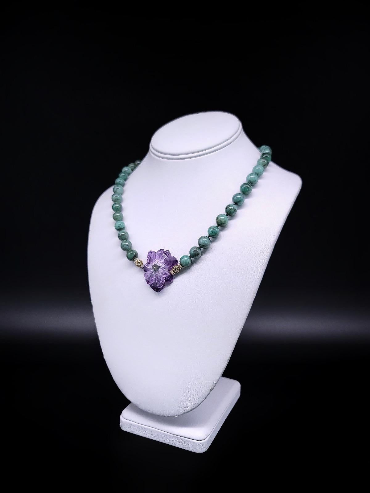 Contemporary A.Jeschel Emerald with Amethyst  stalactite sliced pendant necklace . For Sale