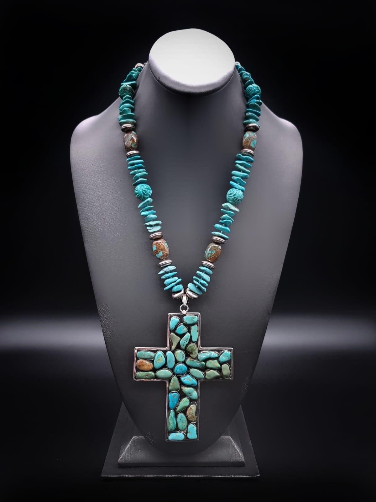 Exquisite lange türkisfarbene Kreuz-Anhänger-Halskette von A.Jeschel im Angebot 10